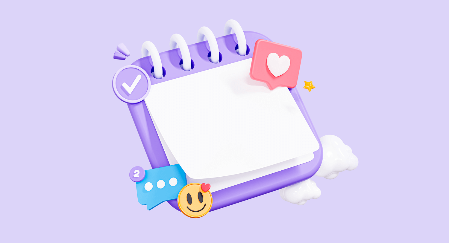 An illustration showing a spiral rip-off 365 day calendar on a light purple background, surrounded by social media icons including a like button, smily face, and messenger dots. Ultimate guide to 2025 social media holidays and celebrations. 