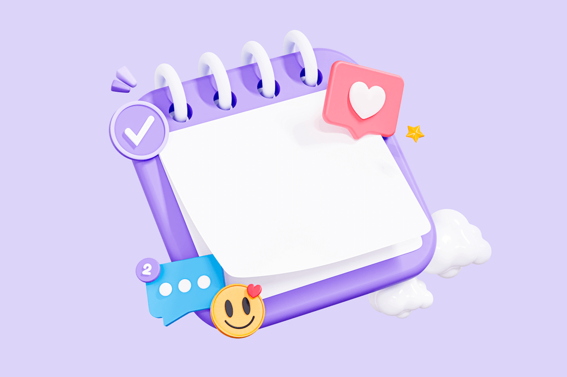 An illustration showing a spiral rip-off 365 day calendar on a light purple background, surrounded by social media icons including a like button, smily face, and messenger dots. Ultimate guide to 2024 social media holidays and celebrations. 