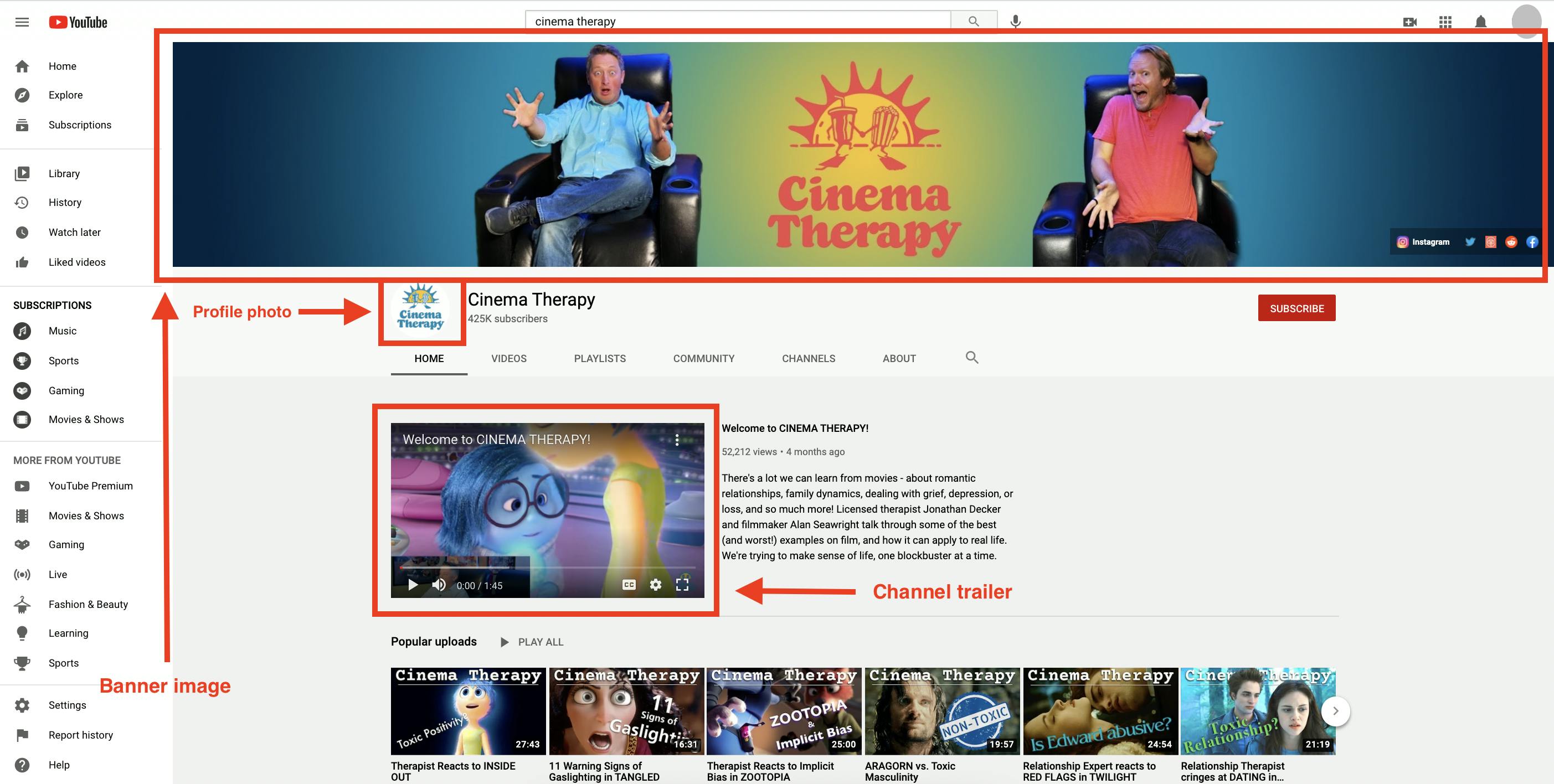 Example of a YouTube channel indicating locations for channel banner at the top, profile photo, and channel trailer