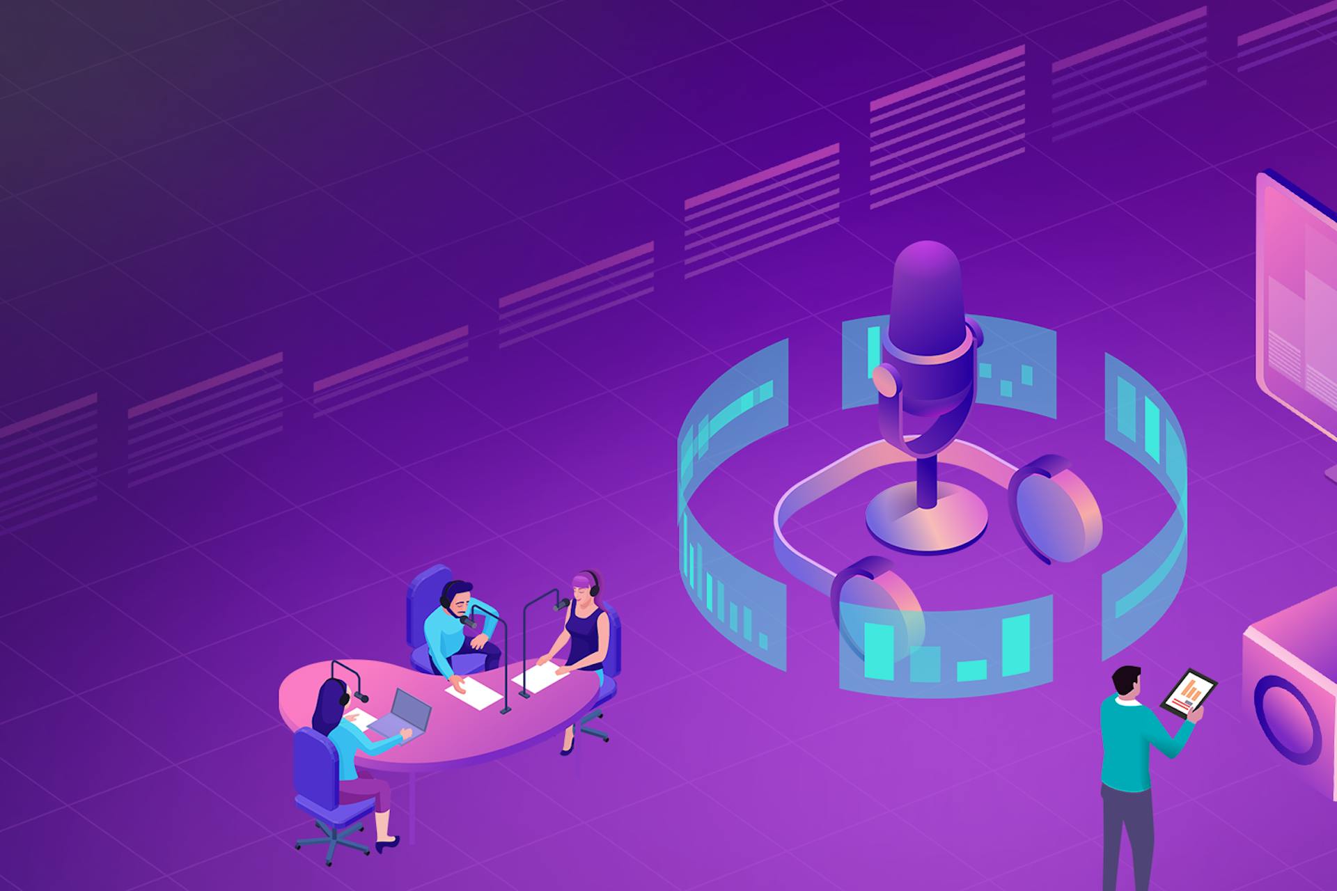 Illustration of a podcasting studio against a purple backdrop