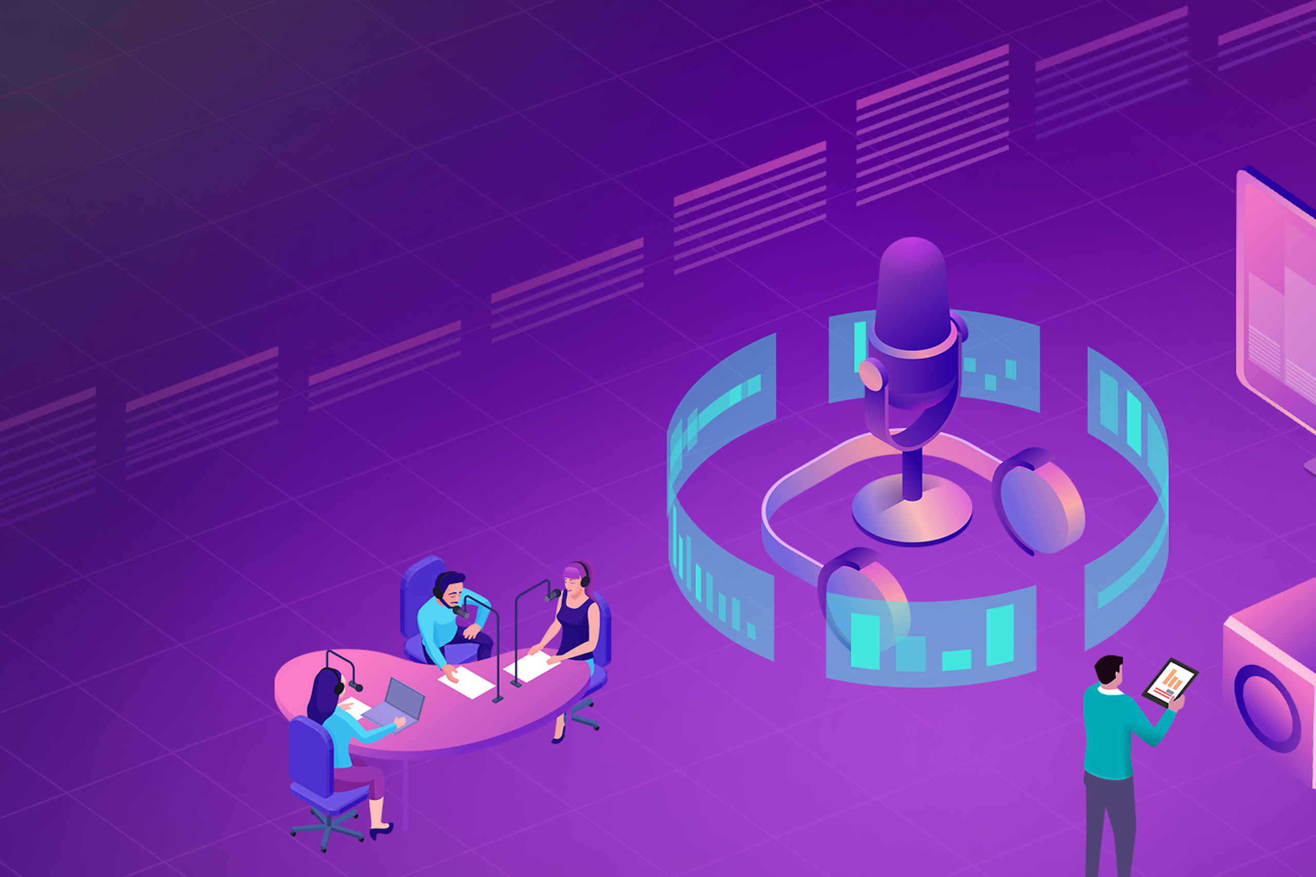 Illustration of a podcasting studio against a purple backdrop
