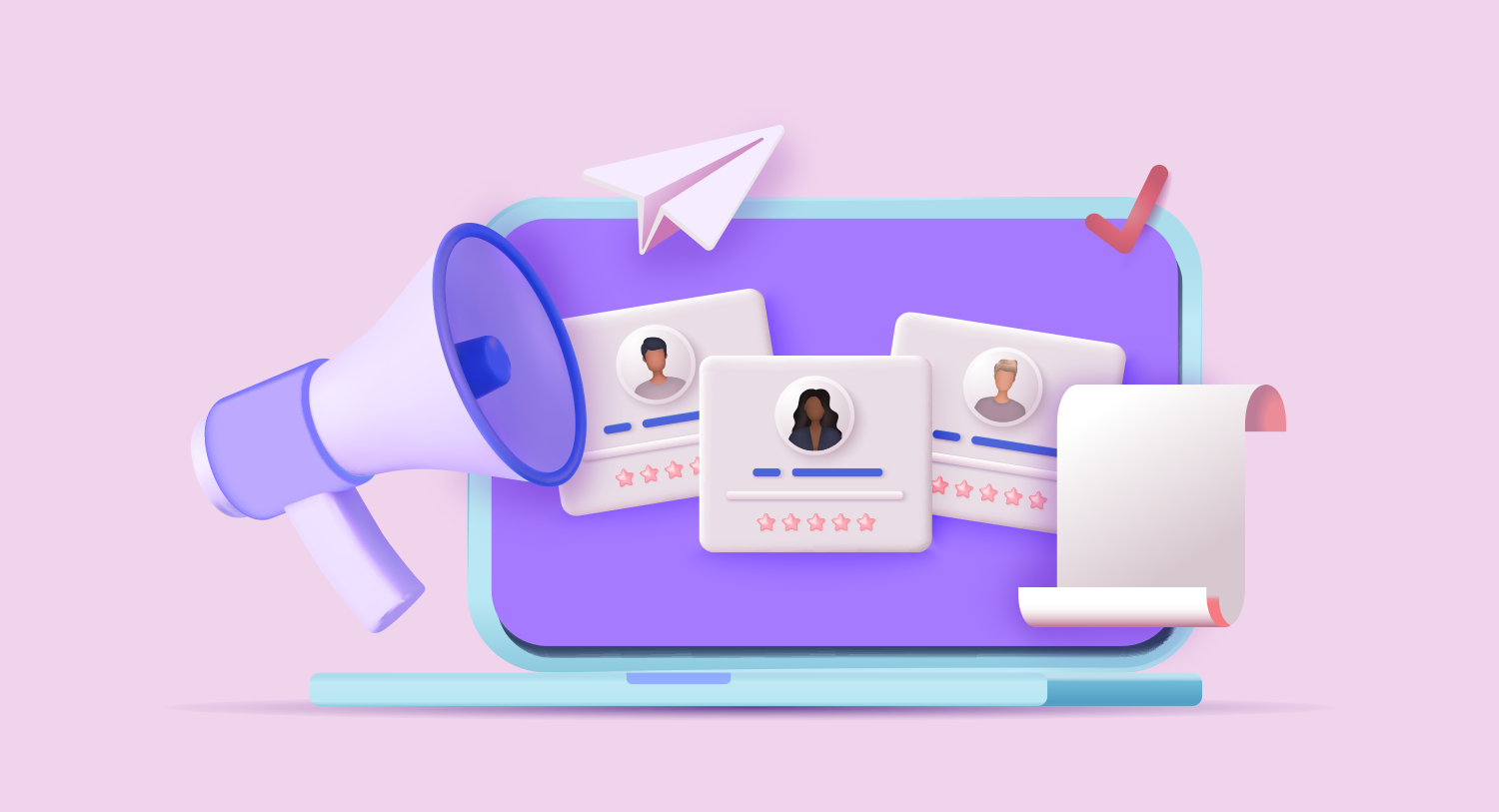 Illustration showing a light blue laptop computer with a purple screen. A large megaphone and a pad of paper are floating in front. The screen shows contact cards with ratings. Hiring a PR Firm blog post 
