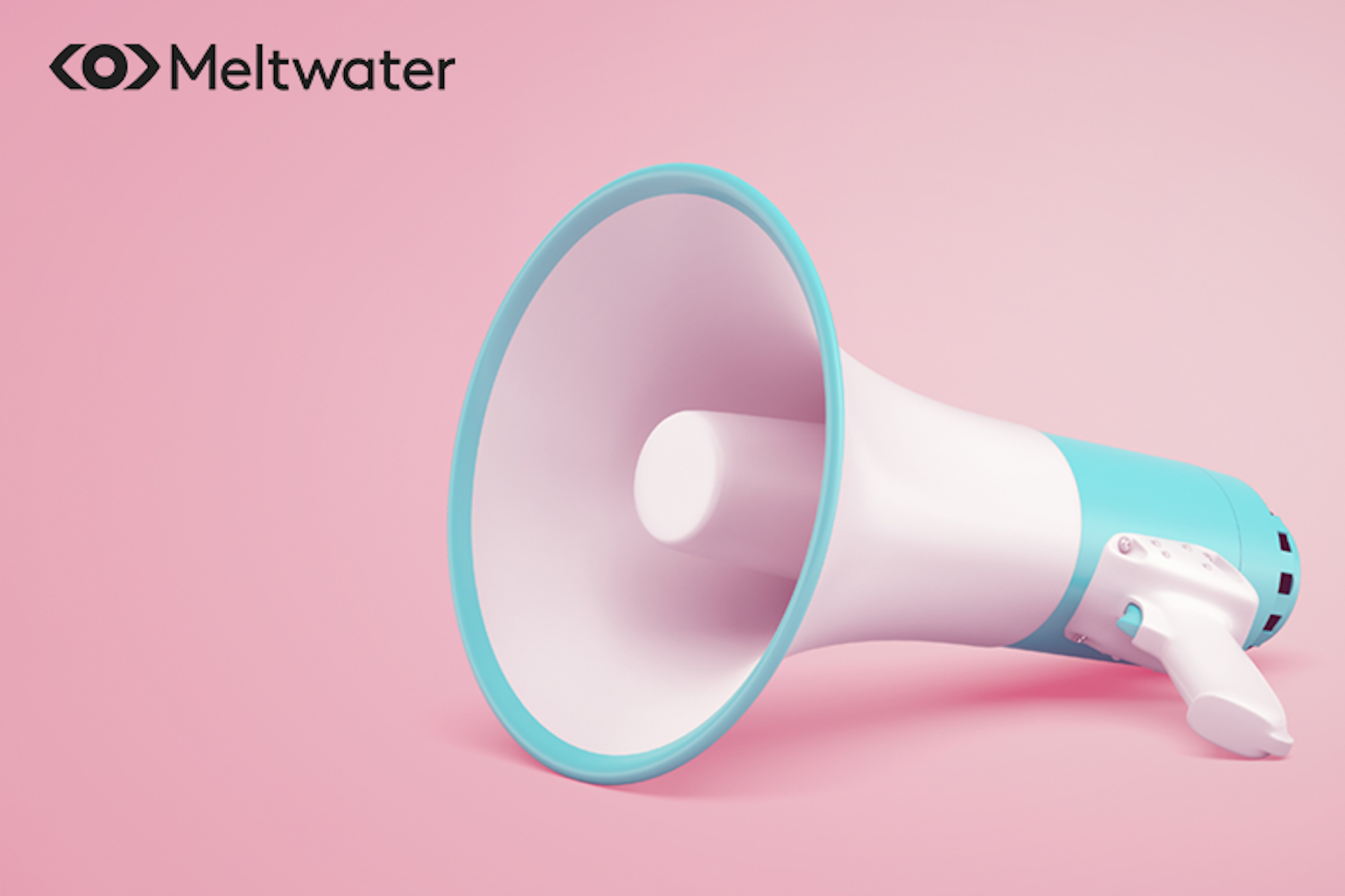 Eine 3D-Darstellung eines Megaphons, das auf der Seite liegt - mit rosa Hintergrund und Meltwater Logo als Titelbild für unseren Beitrag dazu, wie man eine PR-Strategie entwickelt
