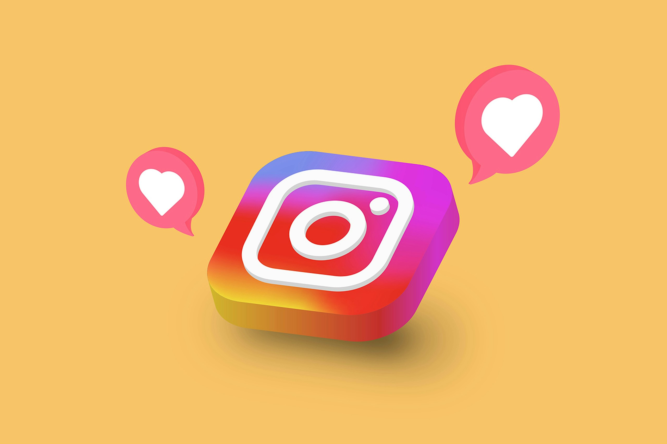 オレンジの背景にInstagramロゴといいねを表すハートが2つ配置されている3Dレンダー画像