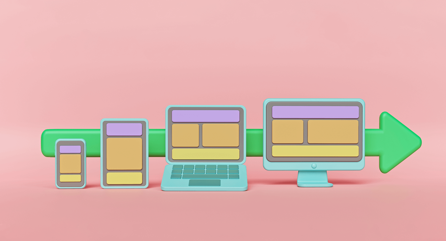 An illustration showing various device sizes by the same brand, such as an iphone, ipad, laptop, and desktop. Each device has the same color scheme showing on the screen. Blog post on product branding. 