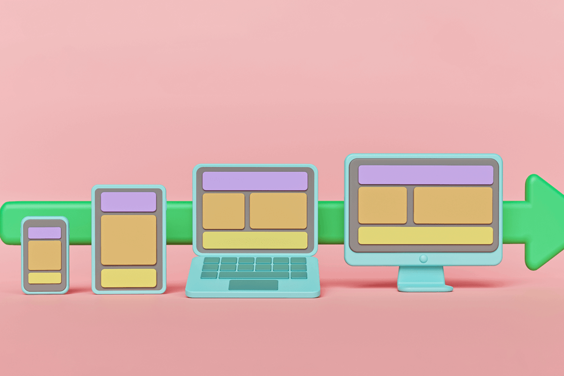 An illustration showing various device sizes by the same brand, such as an iphone, ipad, laptop, and desktop. Each device has the same color scheme showing on the screen. Blog post on product branding. 