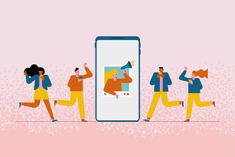 Man sieht eine Comic-Darstellung von Menschen, in der Mitte ist ein Smartphone zu sehen, in dem eine Person mit einem Megafon ruft. Das Bild ist das Titelbild für unseren Beitrag zu B2B Influencer Marketing