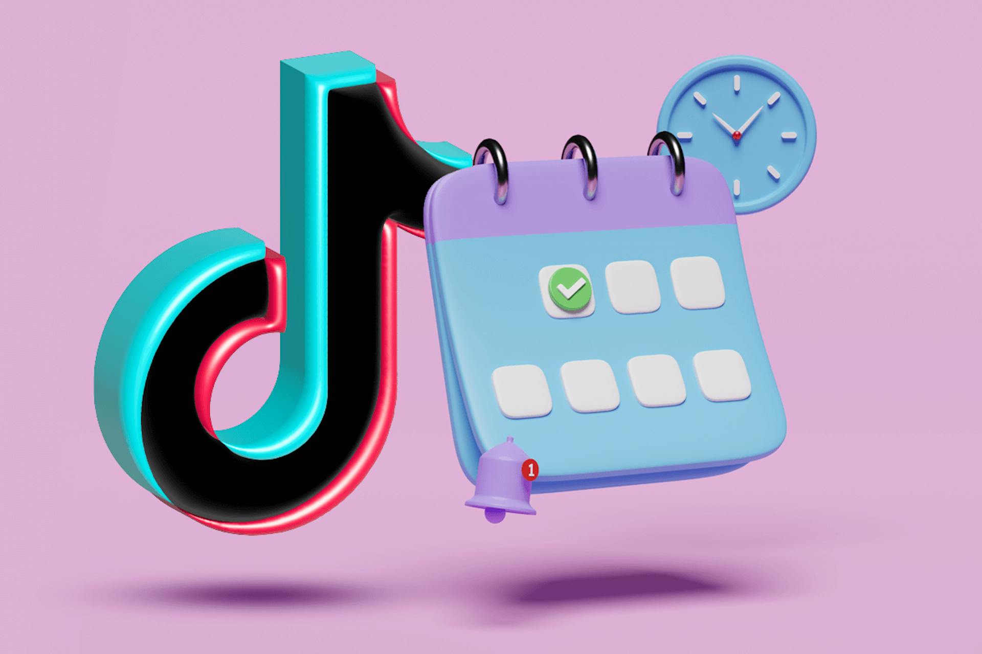 Image showing a large floating TikTok logo symbol next to a calendar and clock on a pale pink background. Best times to post on TikTok blog post.