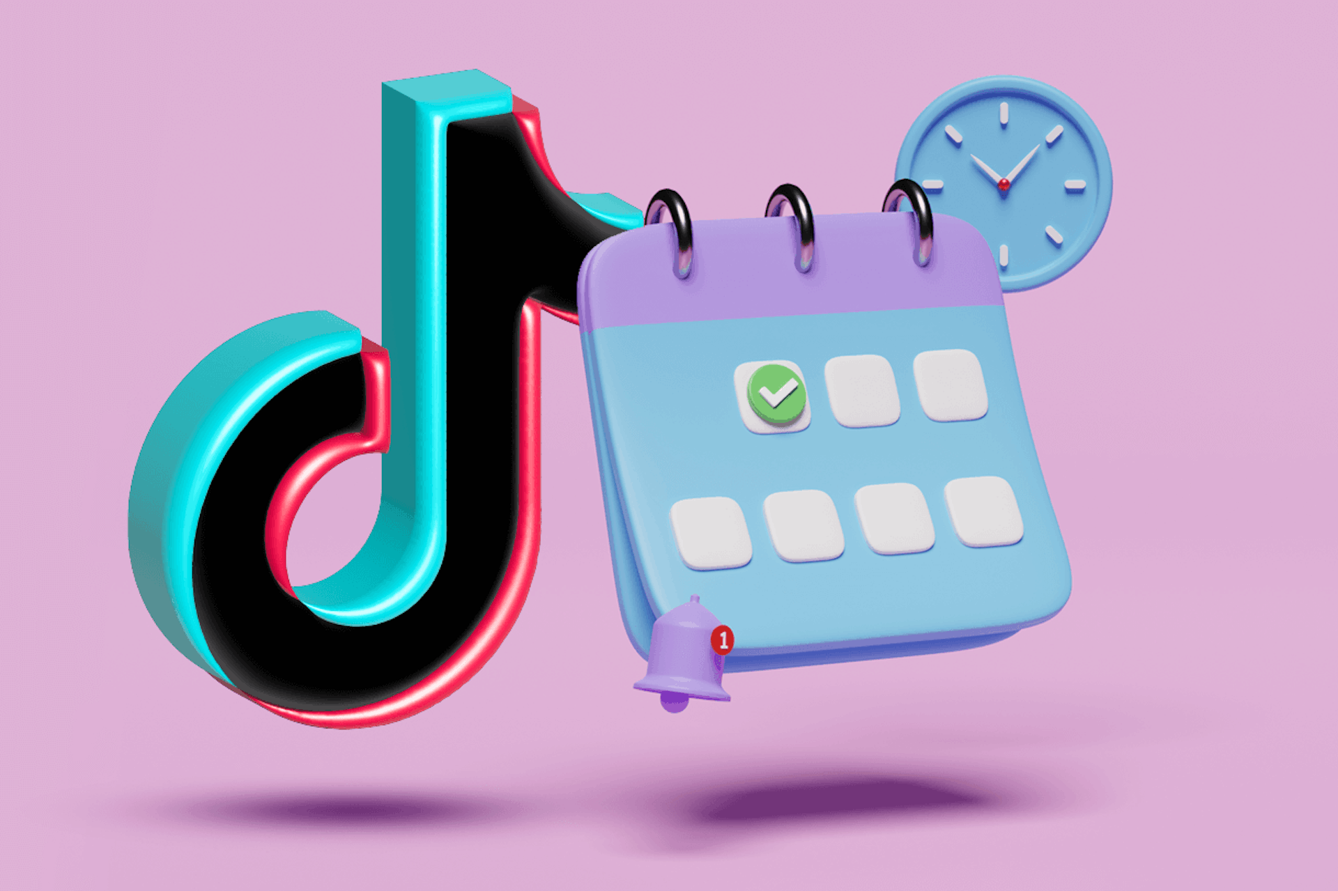 Image showing a large floating TikTok logo symbol next to a calendar and clock on a pale pink background. Best times to post on TikTok blog post.