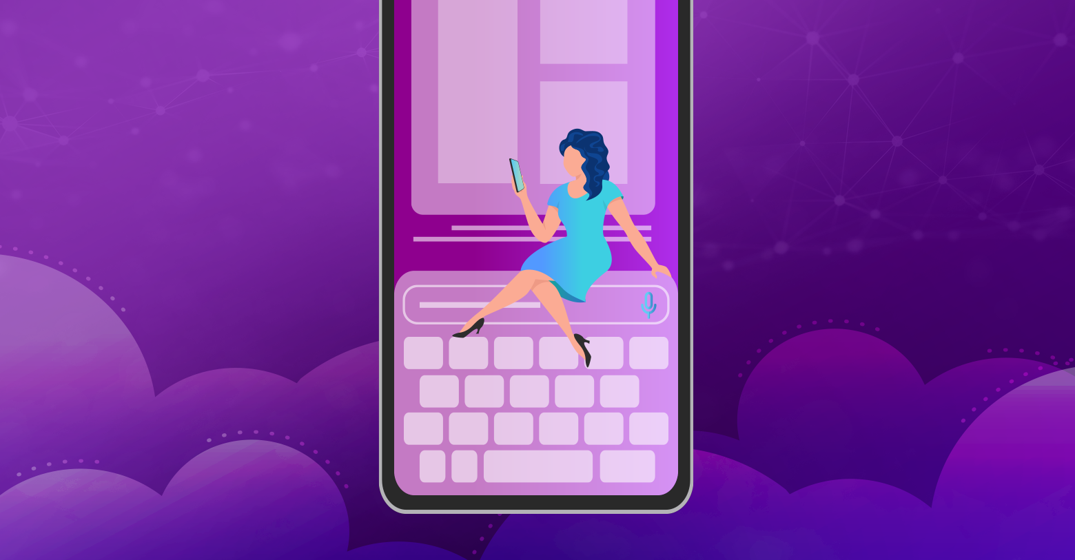 illustrated image of a purple background with a woman in blue sitting on a phone screen using her own smartphone