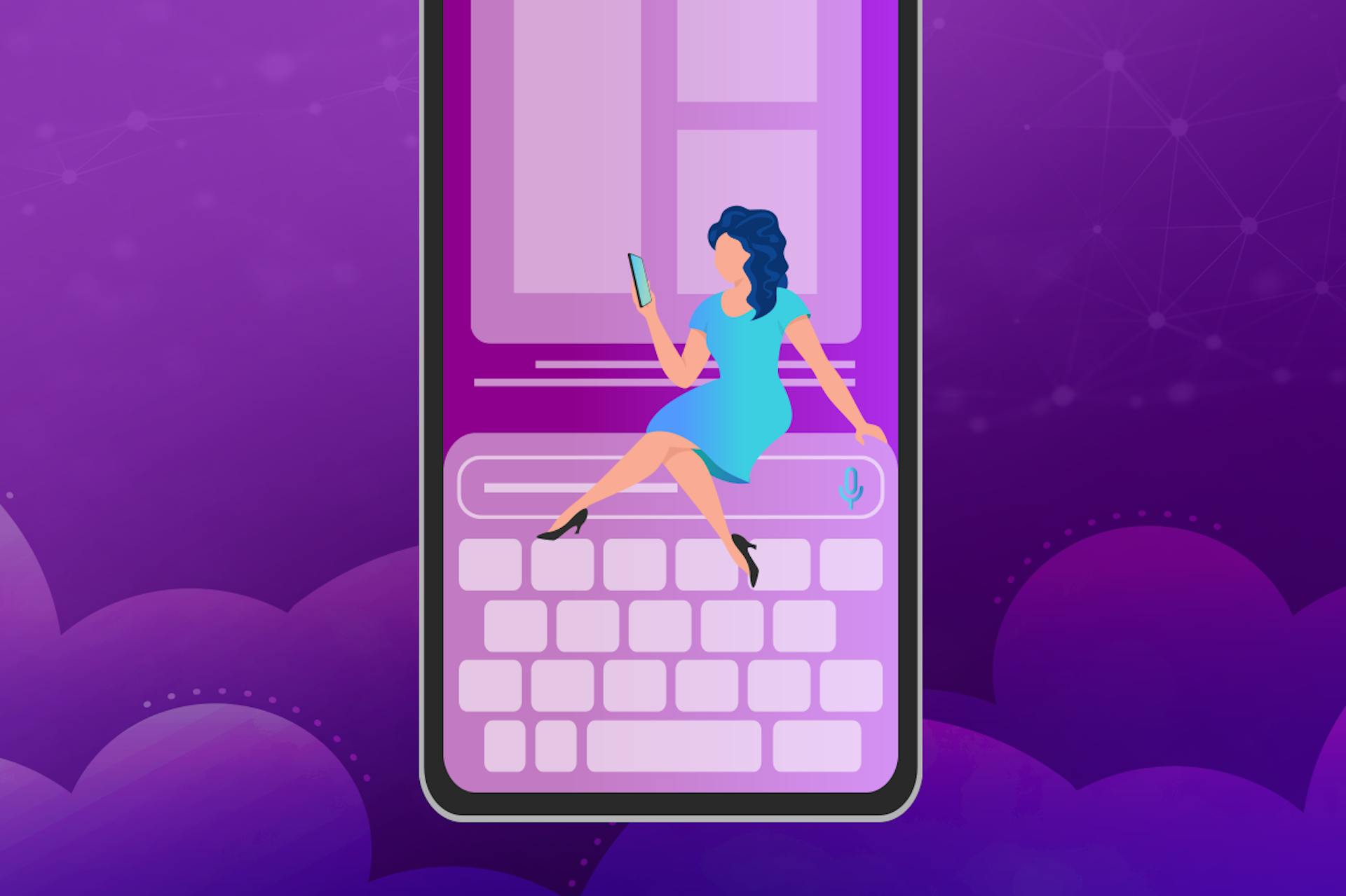 illustrated image of a purple background with a woman in blue sitting on a phone screen using her own smartphone