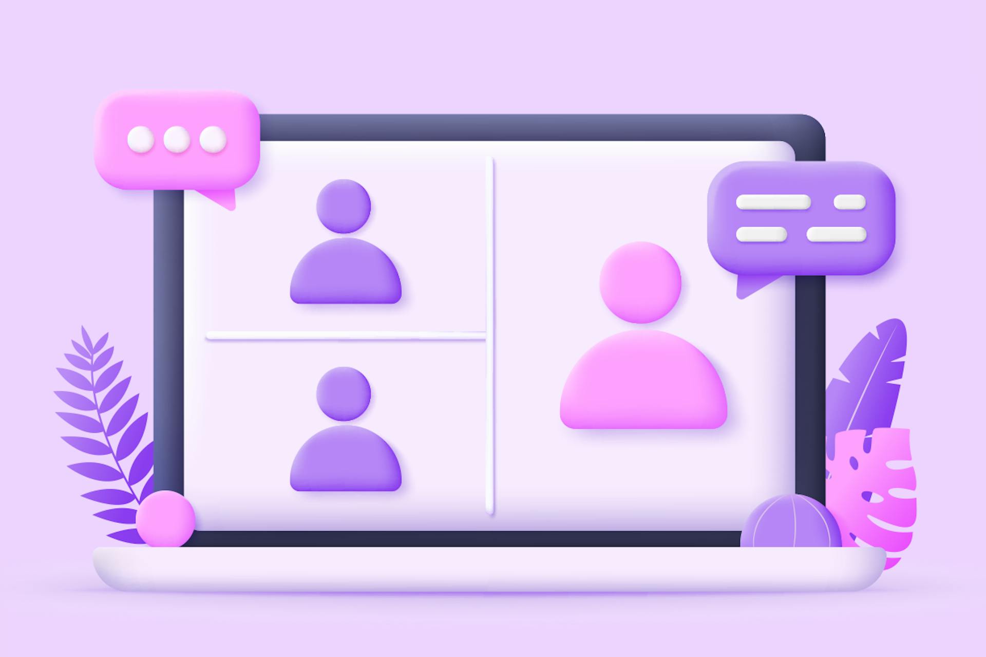 Illustration of a computer screen with a virtual conference and speech bubbles in purple and pink. Best PR conferences in 2023