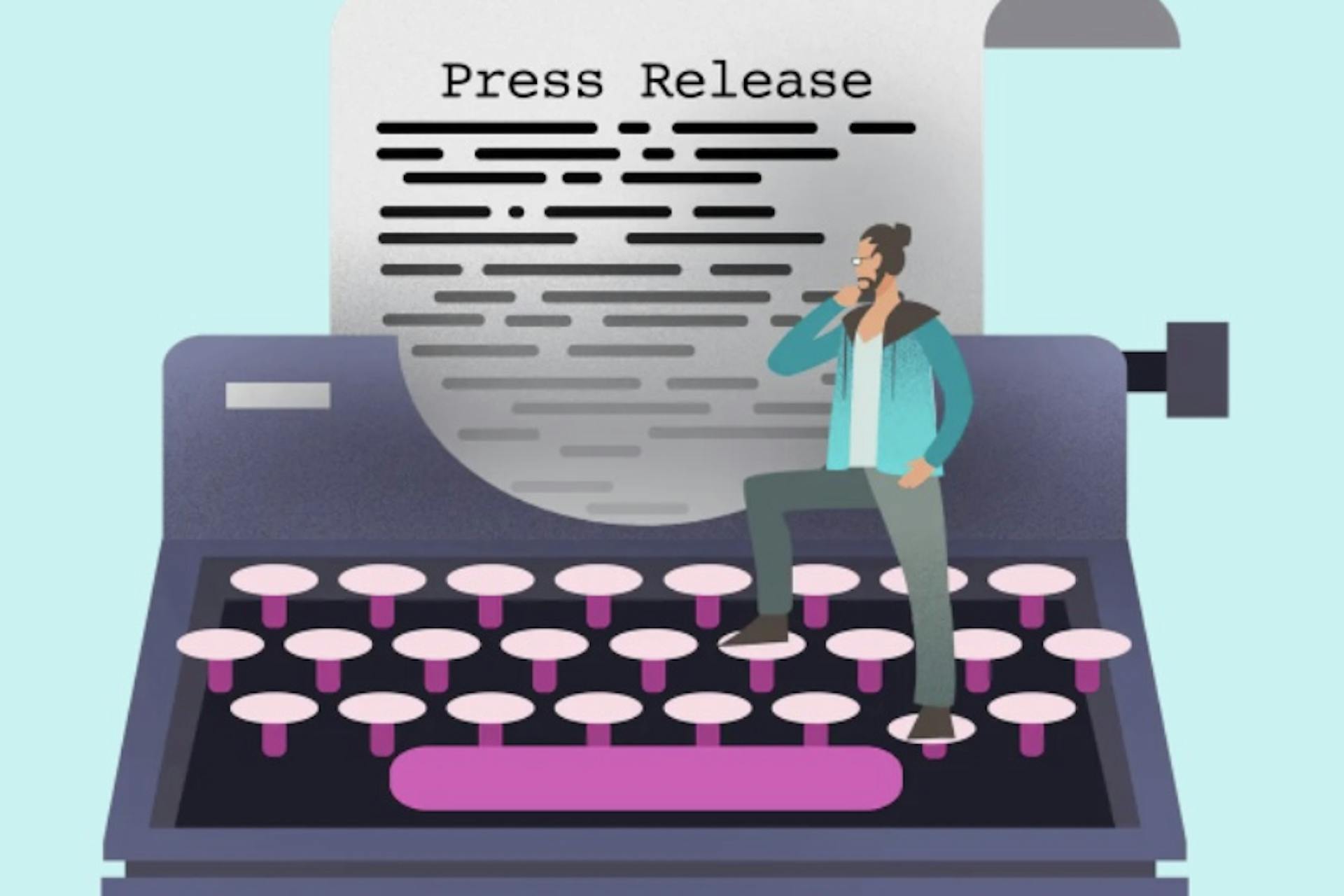 Ein illustrierter Mann steht auf einer Schreibmaschine, in der ein Blatt Papier mit den Wörtern Press Release liegt