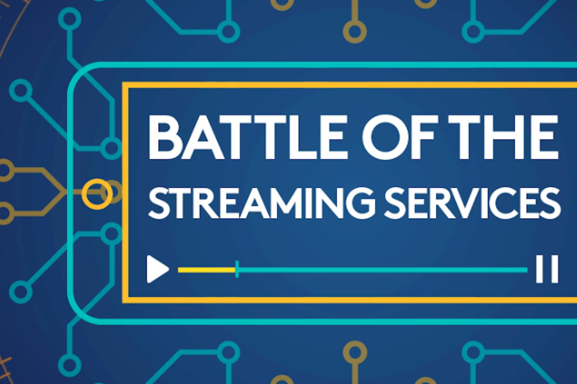 Illustrated phone graphic in blue and yellow outlines over a blue background showing data lines in blue and yellow. Text on graphic reads: Battle of the Streaming Services