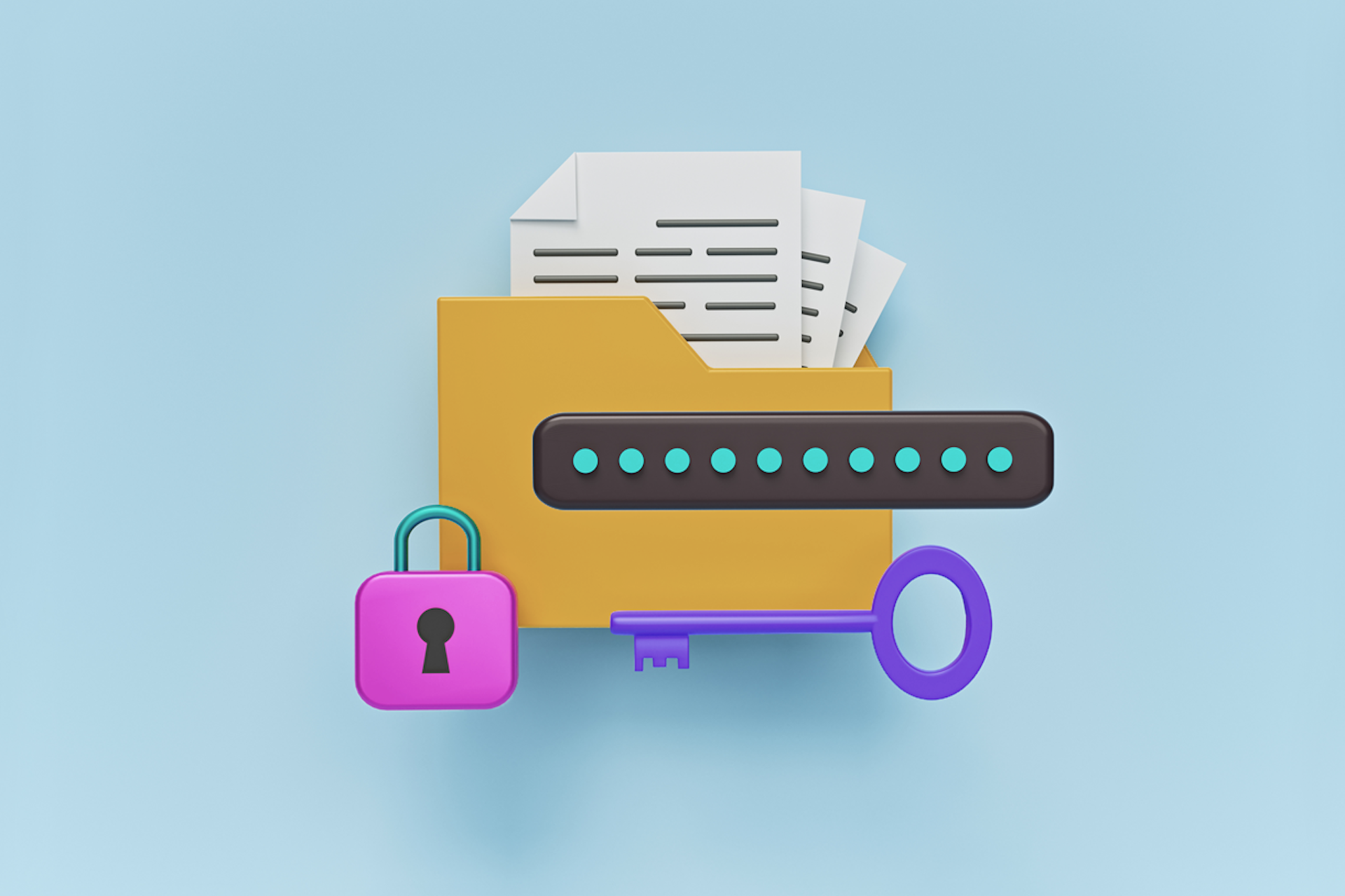 A lock, key, and loading symbol in front of a file folder with papers coming out, for a blog about master data management.