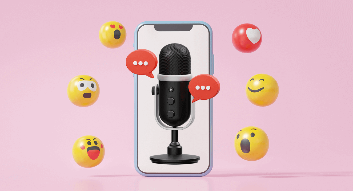 Image of a smart phone showing a podcast microphone with two red speech bubbles coming out of it. Phone is surrounded by various emoticons with all different expressions. The top social media podcasts blog post