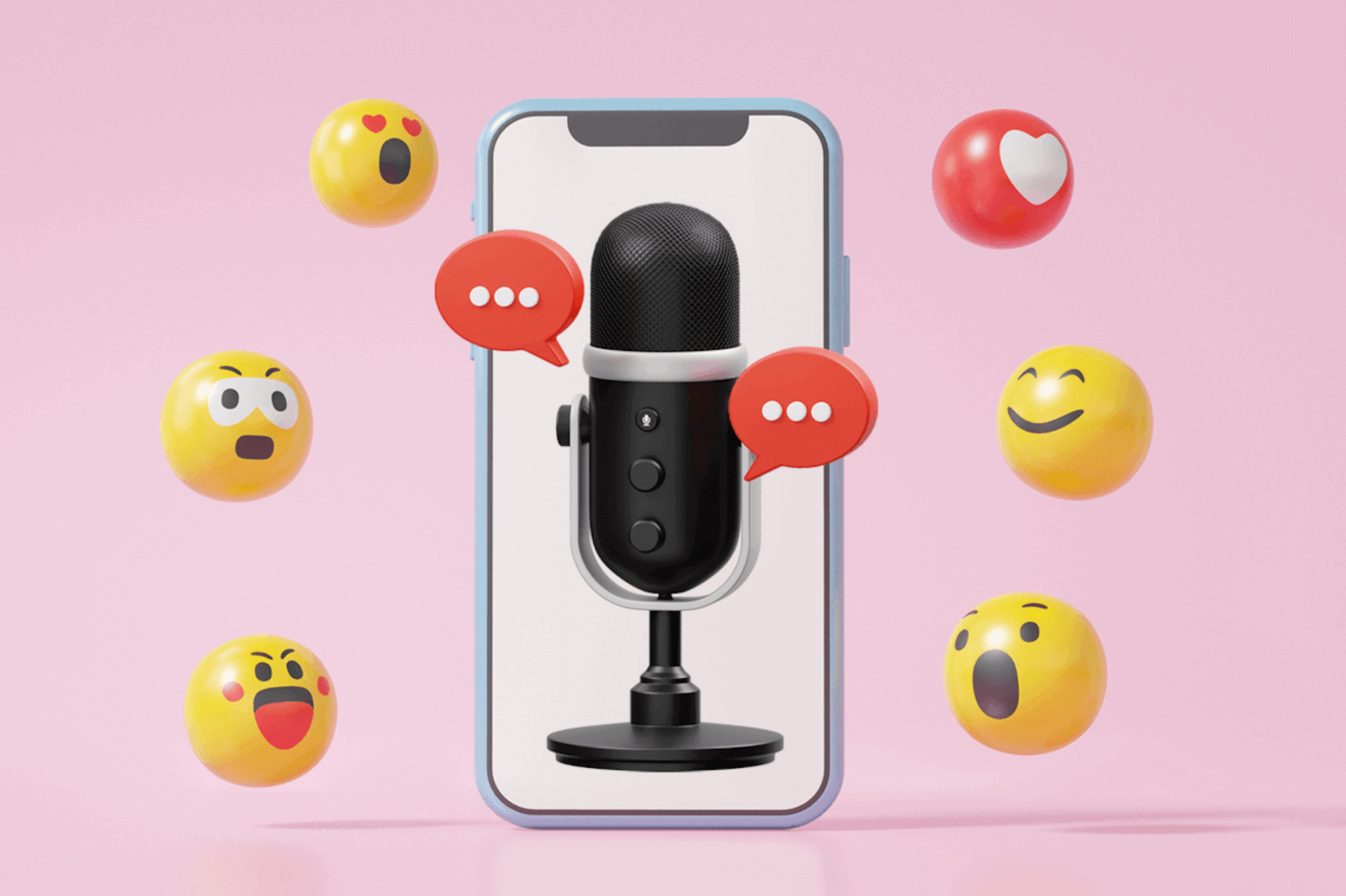 Image of a smart phone showing a podcast microphone with two red speech bubbles coming out of it. Phone is surrounded by various emoticons with all different expressions. The top social media podcasts blog post