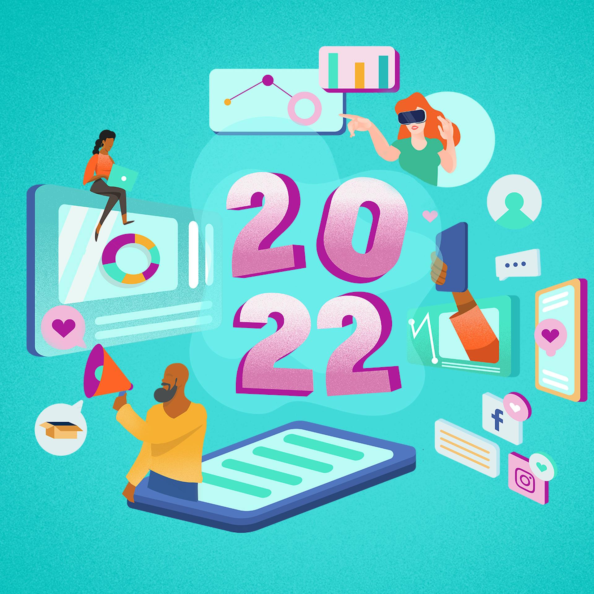 Marketing Trends 2022: Ein illustriertes Bild einer digitalen Welt mit Cartoon Menschen und Icons