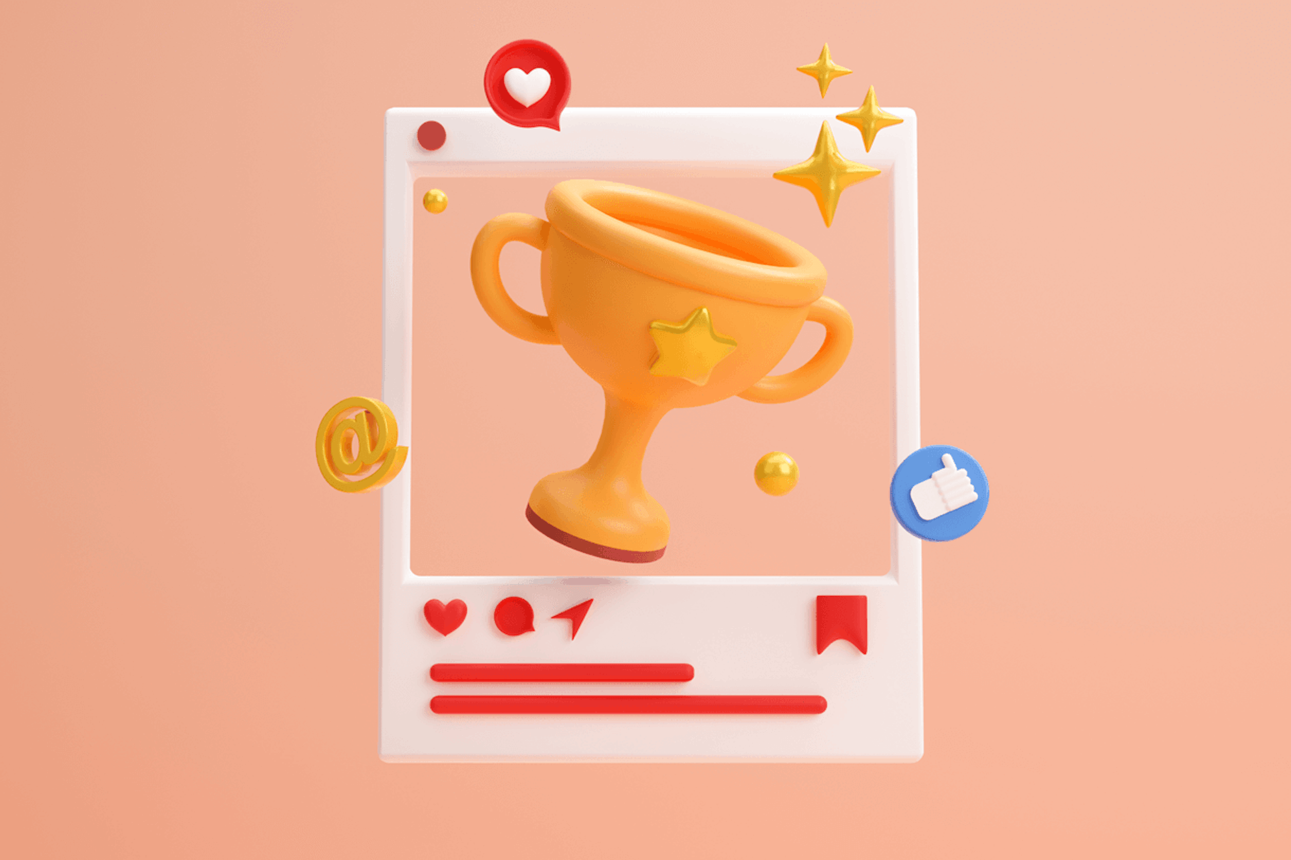 Illustration montrant un grand trophée jaune à l'intérieur d'un message sur les médias sociaux, entouré de symboles et d'étoiles des médias sociaux.