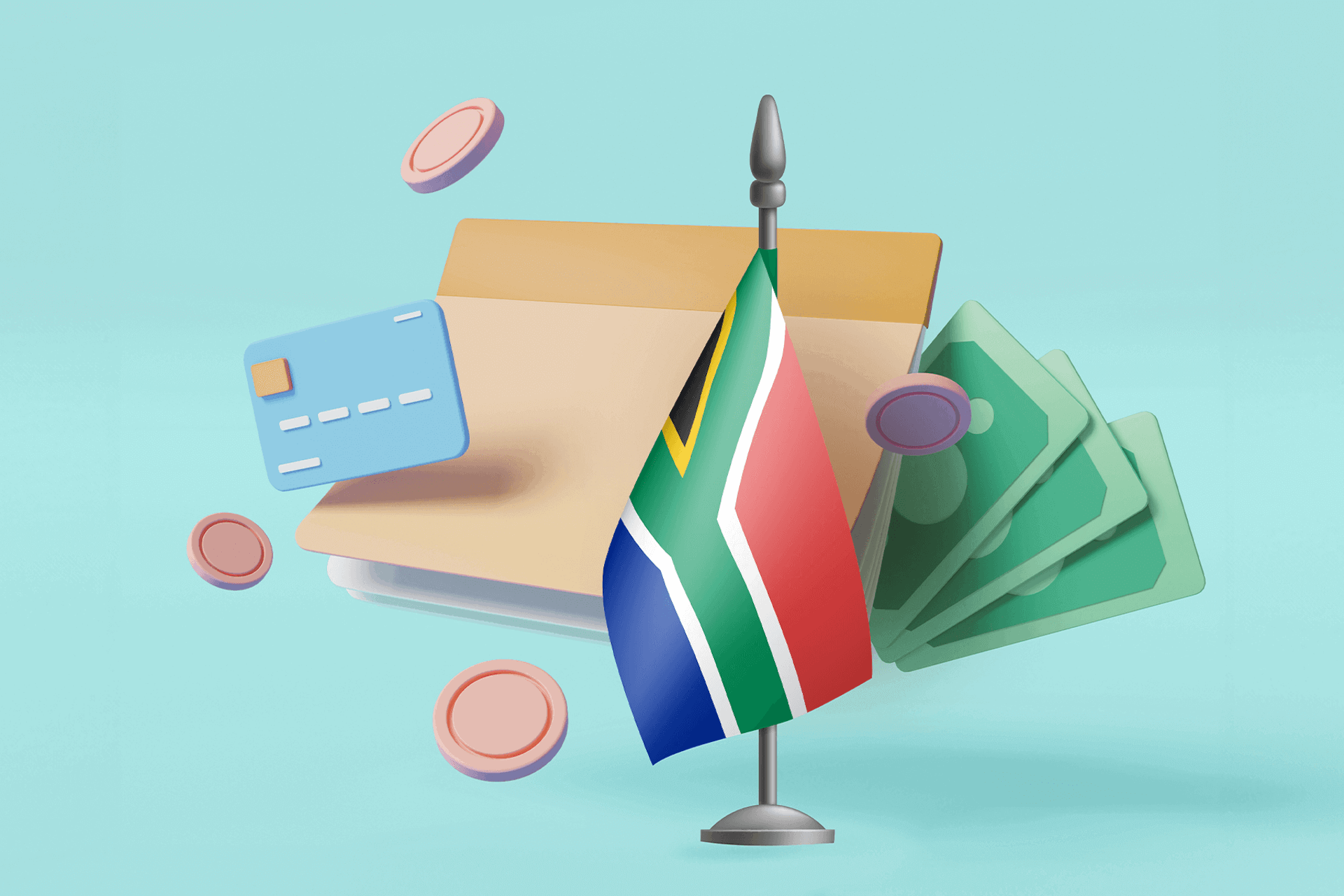3D illustration of the South African flag with items from the financial services industry around it