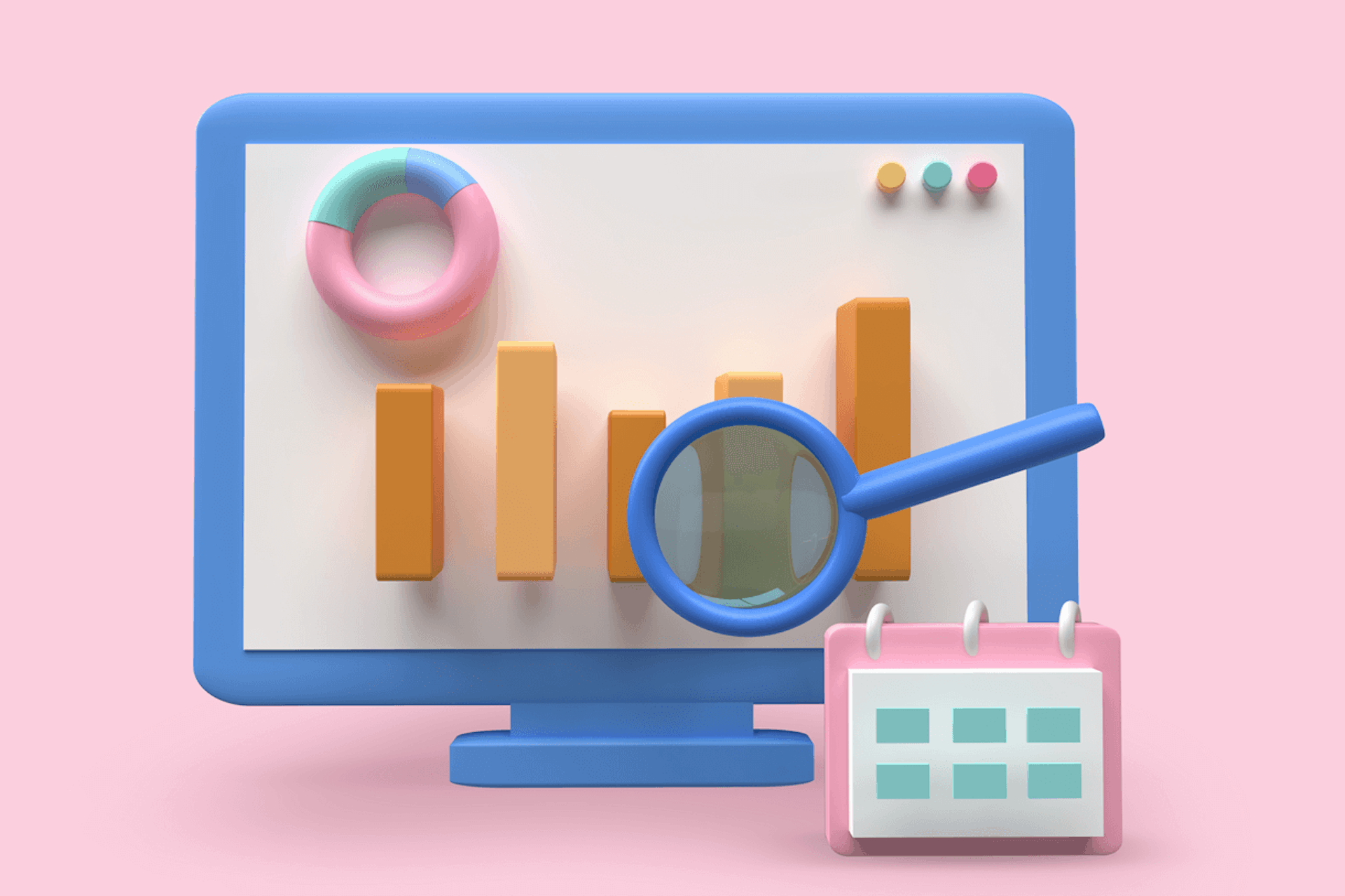A magnifying glass hovers over a desktop computer screen displaying bar and ring charts in this image for a Meltwater blog about the trend detection definition and trend detection algorithms.