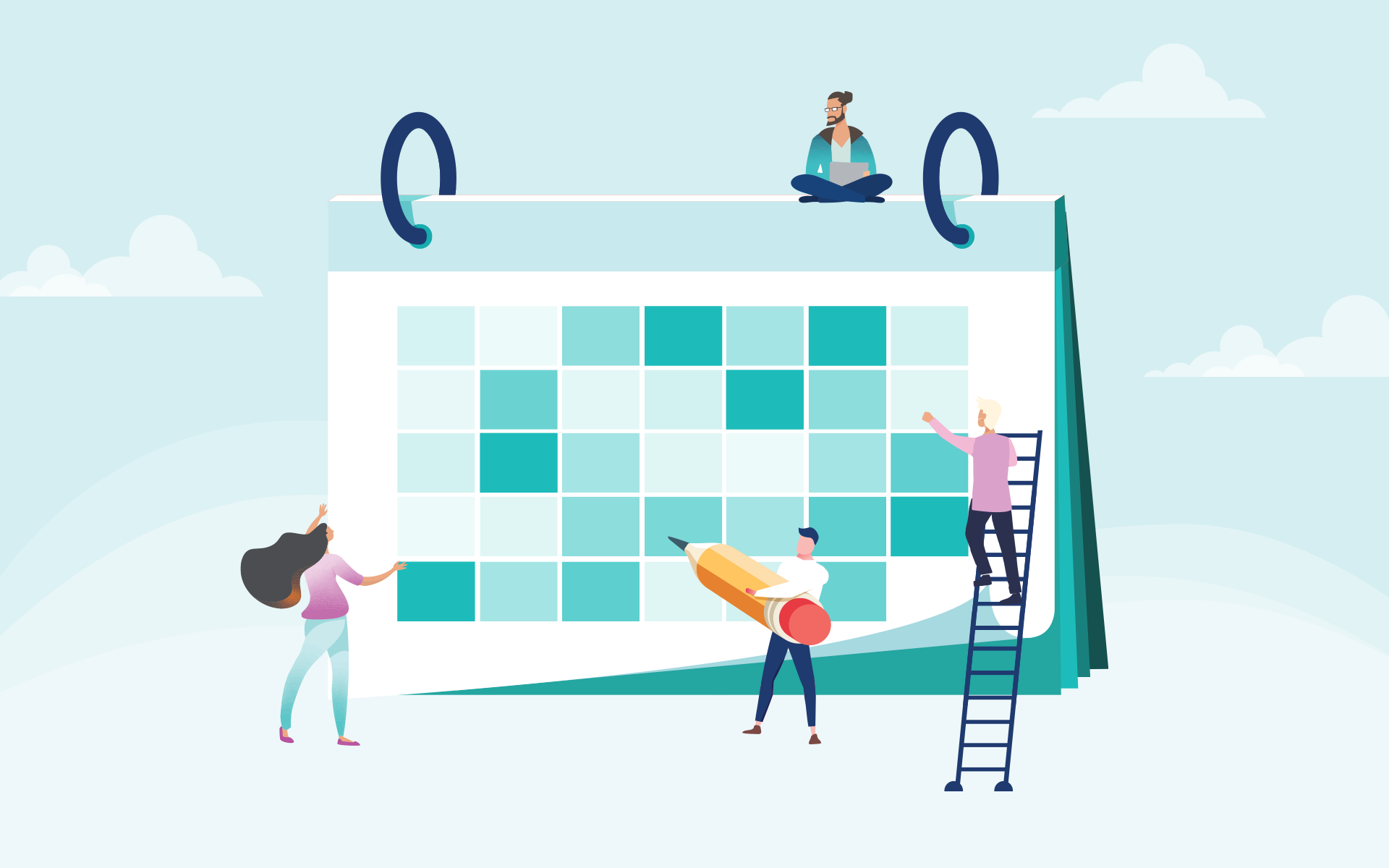 Illustration of diverse group of people standing in front of a large teal, blue, and white calendar. 2023 social media planning calendar 