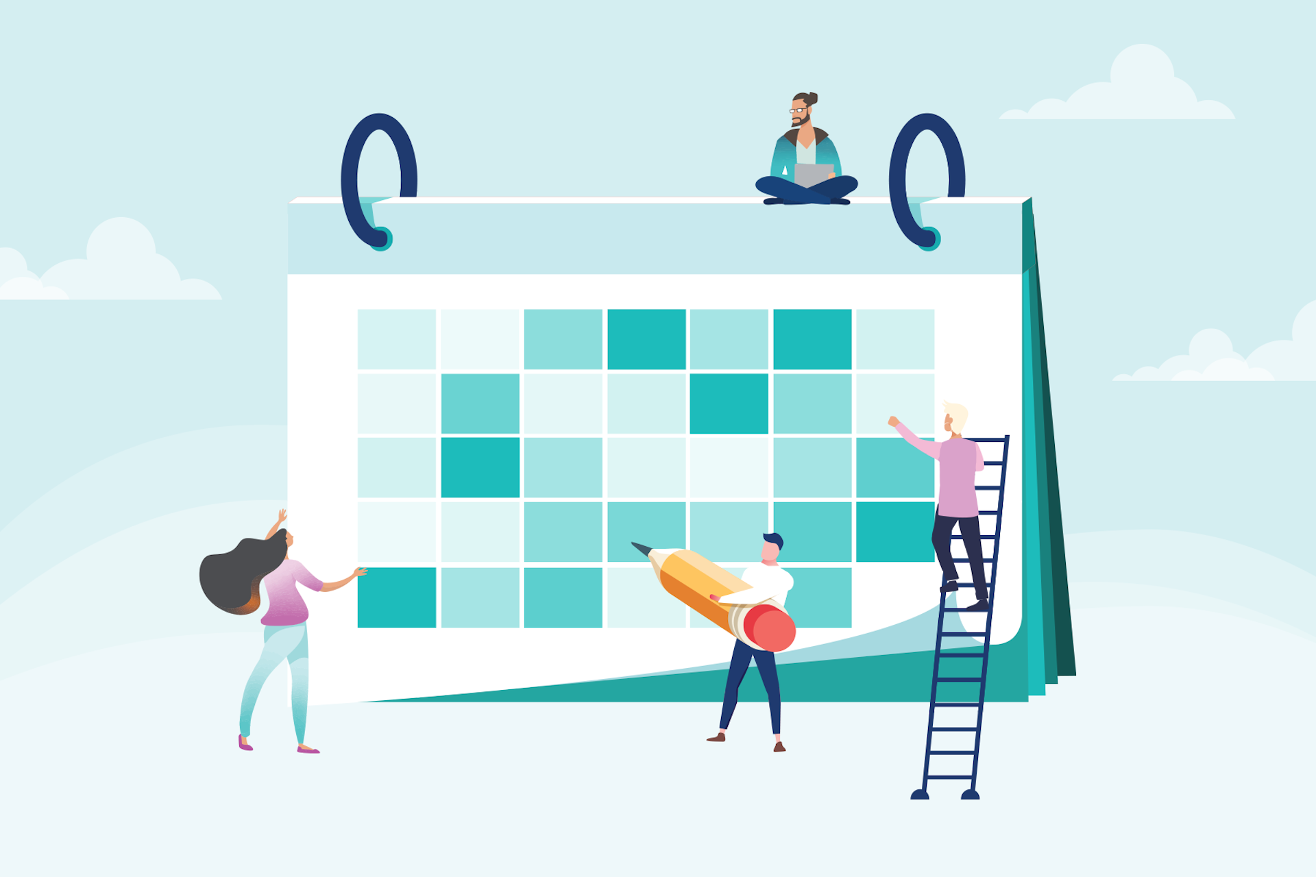 Illustration of diverse group of people standing in front of a large teal, blue, and white calendar. 2023 social media planning calendar 