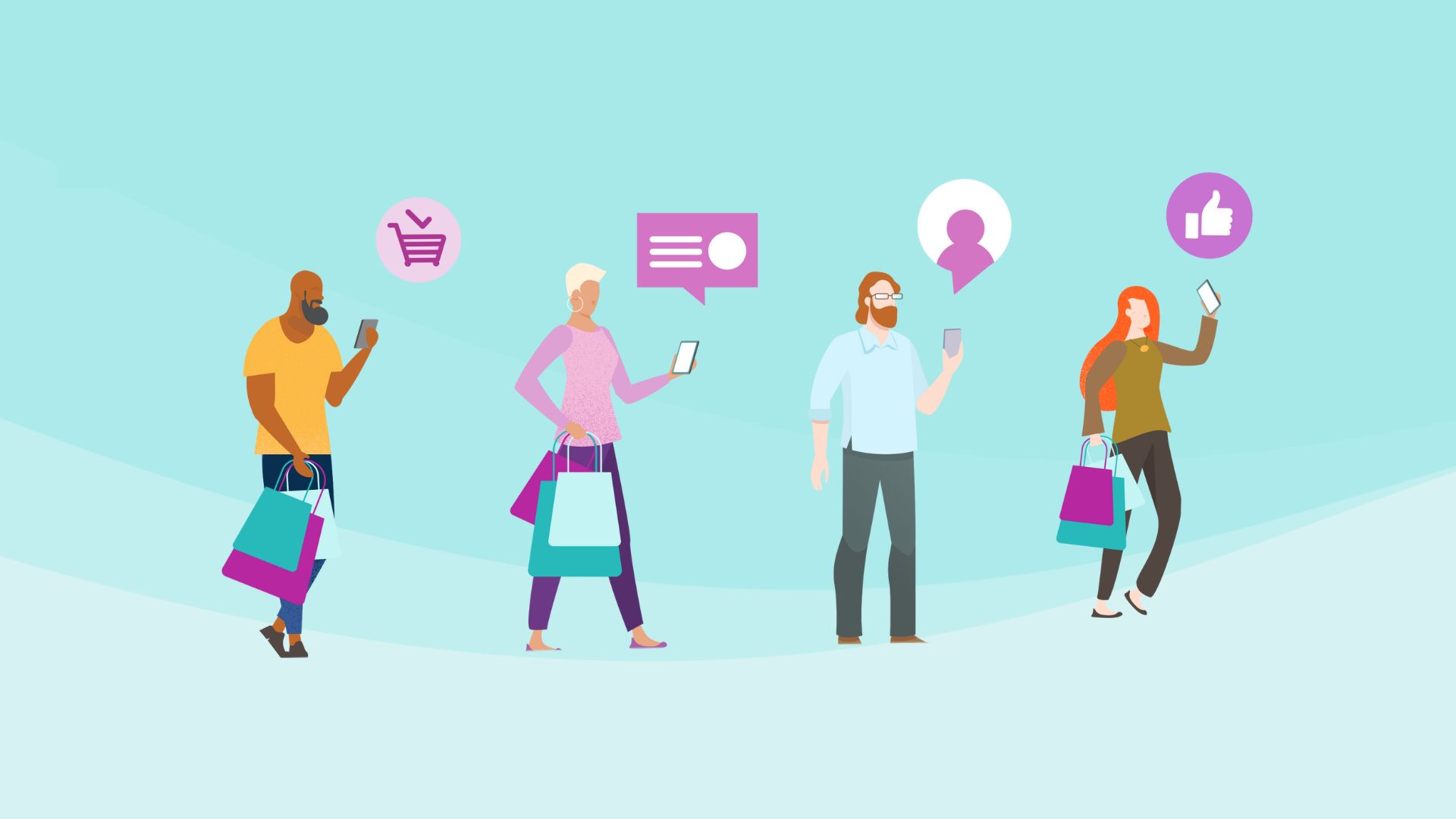 Illustration showing four different types of people using social media in different ways