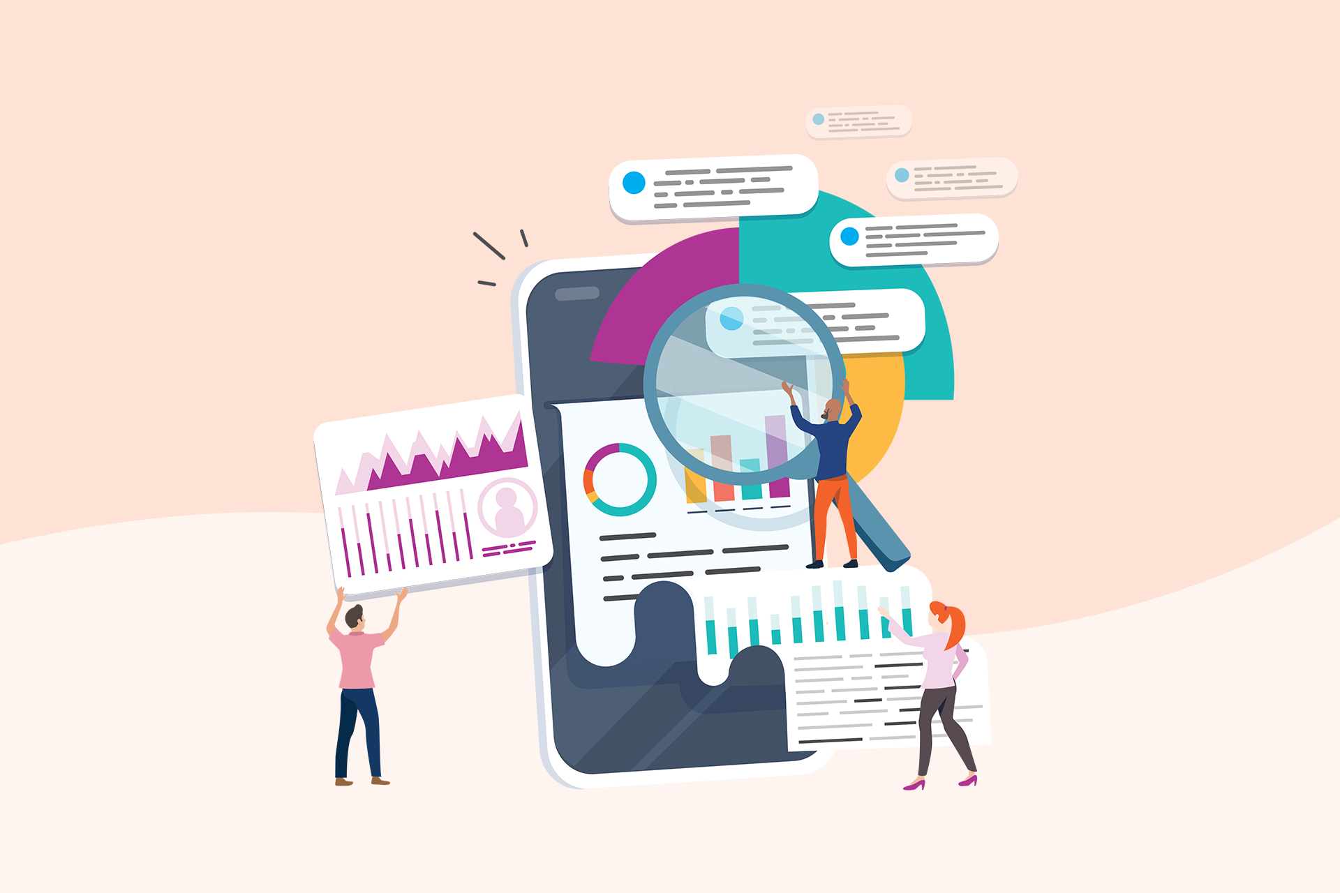 un groupe de personnes qui élabore un rapport des réseaux sociaux sur un téléphone