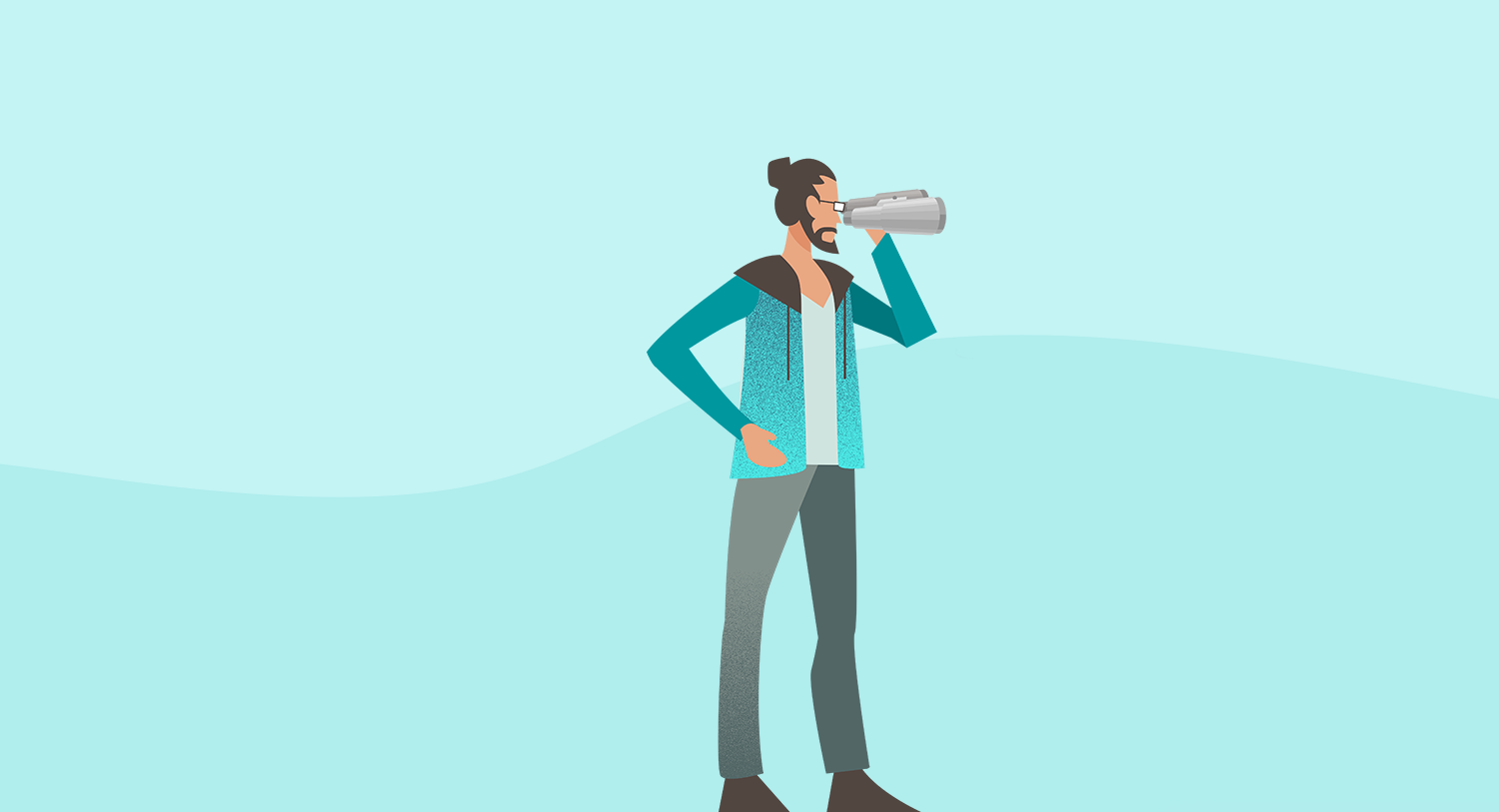 Illustration of a man holding binoculars on a pale blue background. Iconosquare alternatives blog post