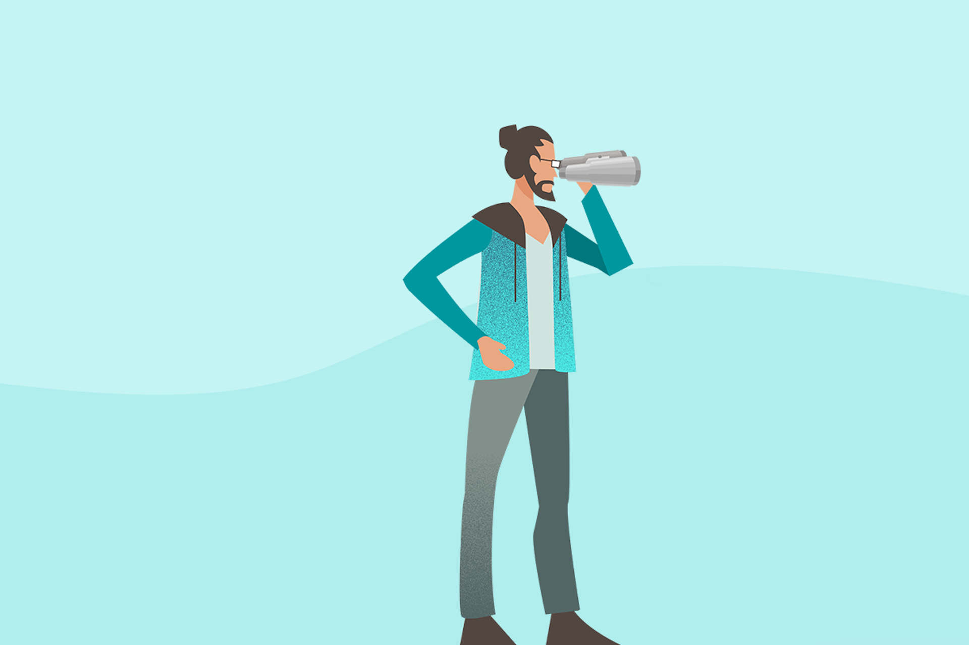 Illustration of a man holding binoculars on a pale blue background. Iconosquare alternatives blog post