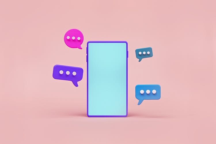An image of a phone with speech bubbles around it