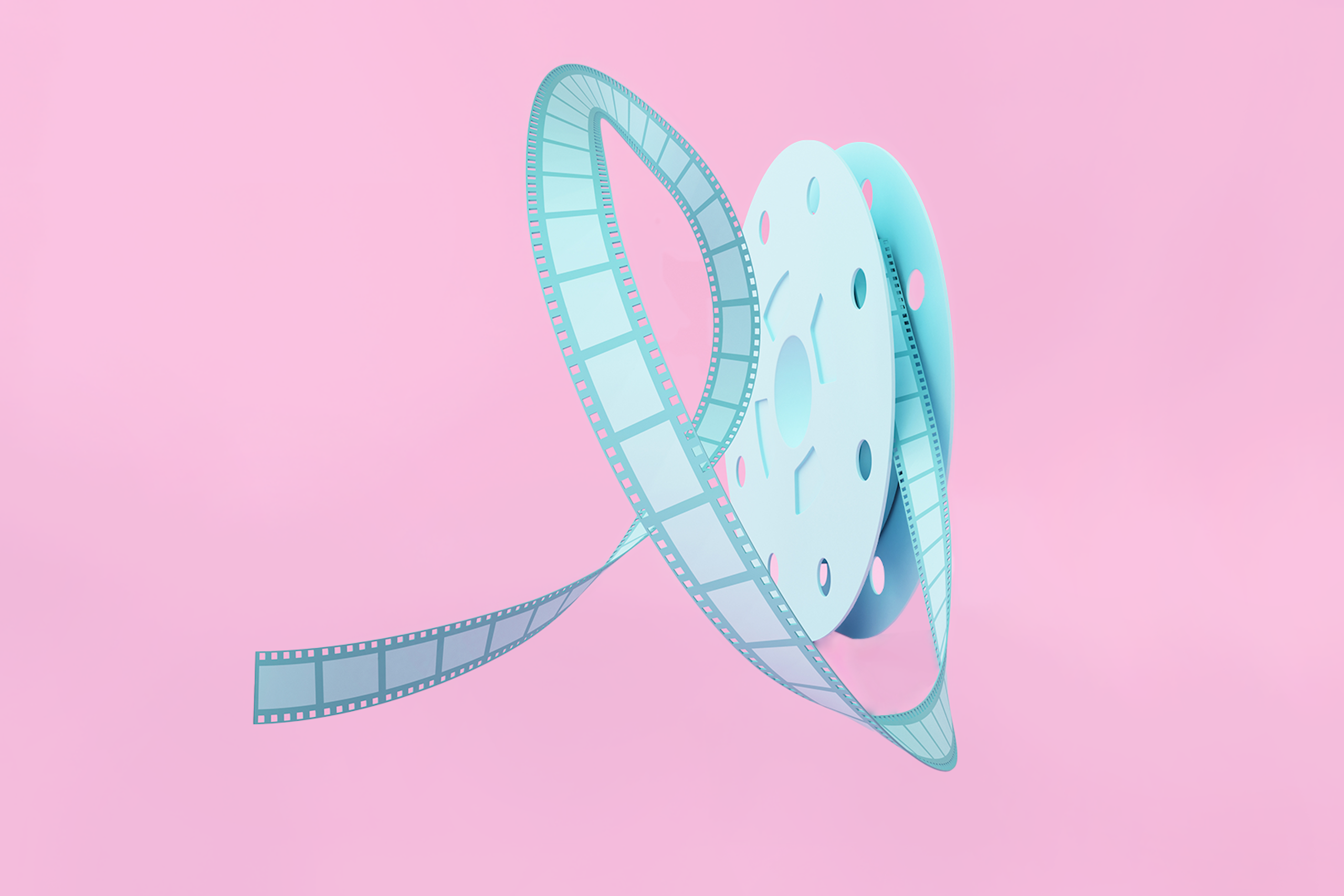 Bild einer hellblauen, altmodischen Filmspule mit herauslaufendem Film auf einem rosa Hintergrund. Wie man Instagram Reels erstellt und verwendet Blog Post