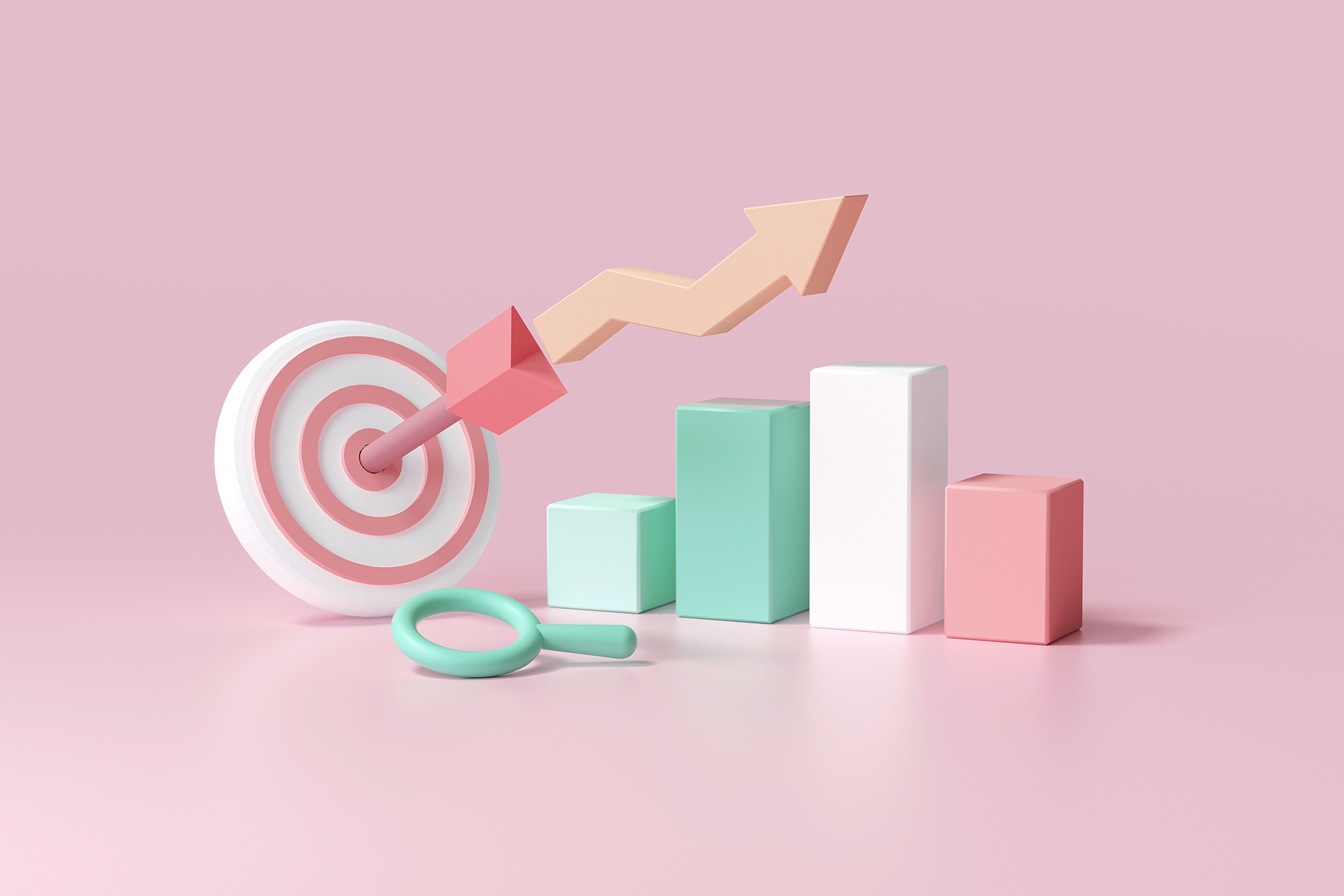 A collection of objects, like a bullseye target, bar chart and magnifying glass, that are meant to represent social media marketing metrics small businesses could evaluate