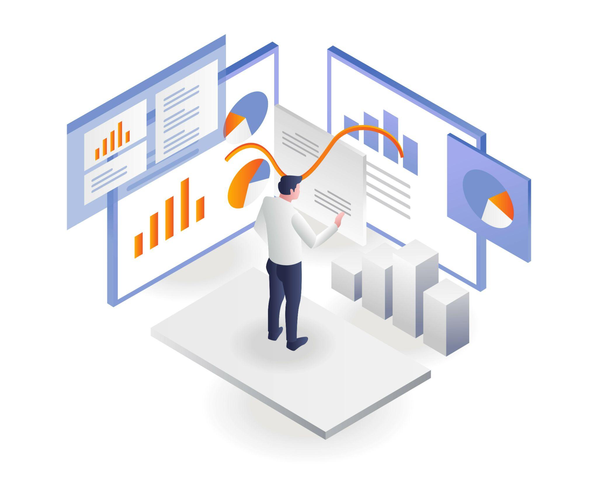 un homme se tient devant plusieurs écrans projettant des graphiques et autres histogrames 