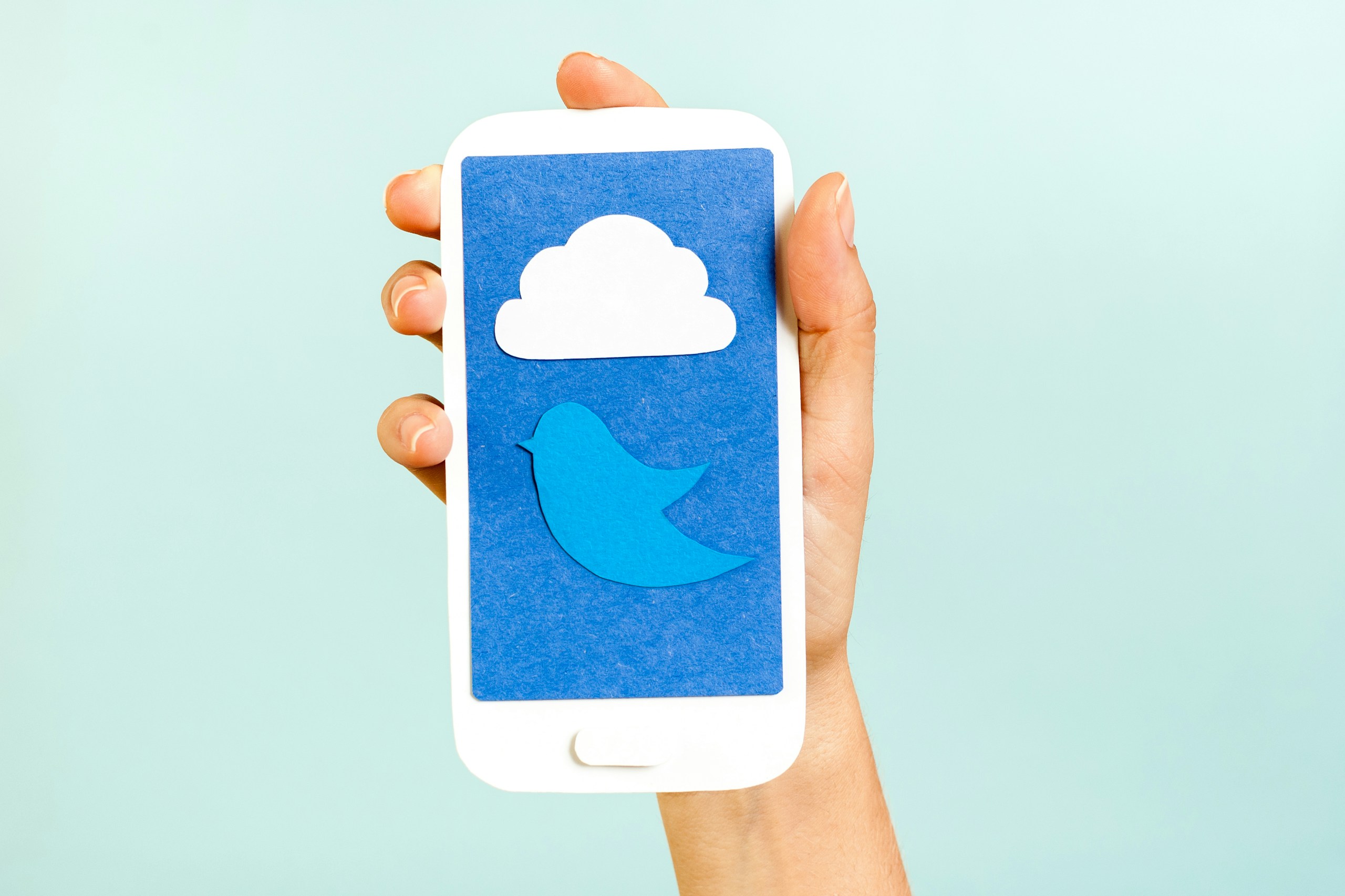 Twitterのアイコンと雲が表示されているスマートフォンを持つ手の画像