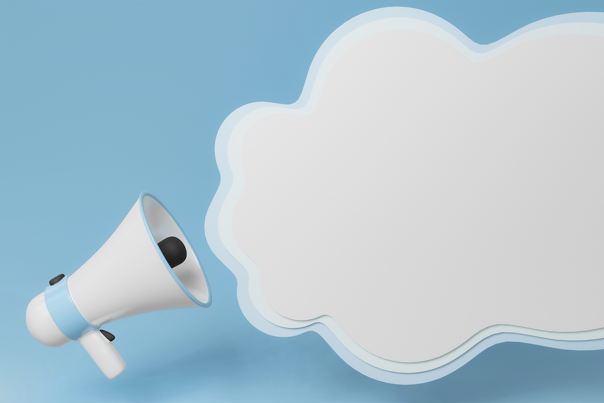 3D Illustration eines Megafons mit einer Sprechblase als Verbildlichung für unser PR Glossar