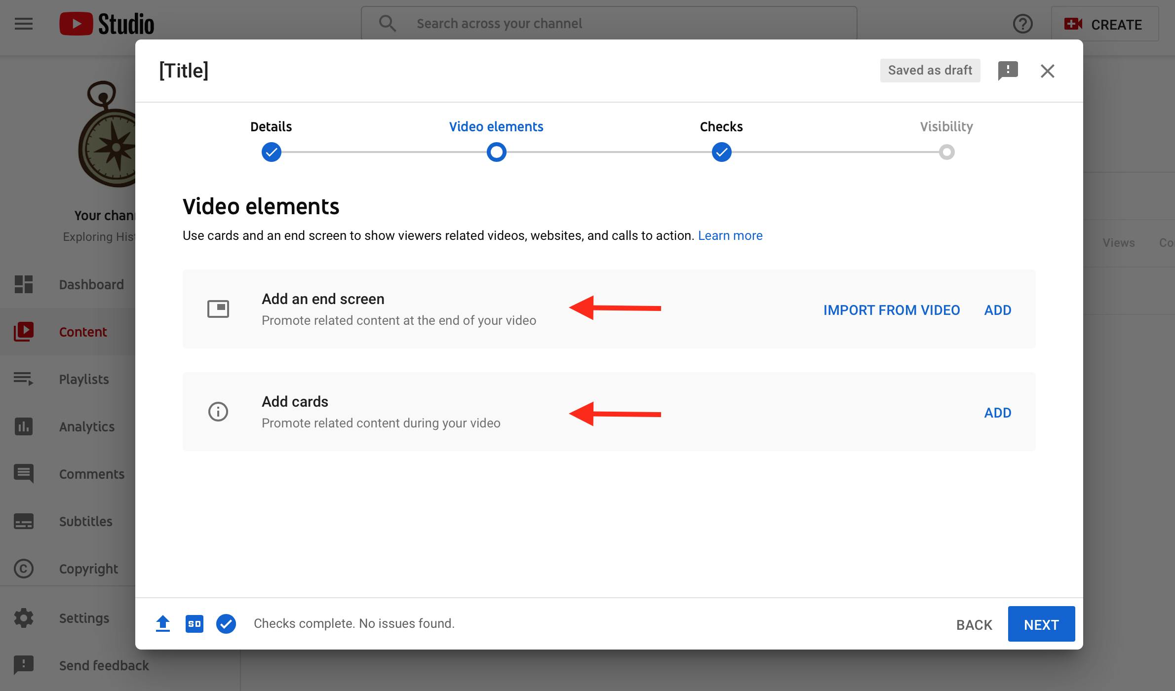 Upload process for a YouTube video showing option to add end screen and cards
