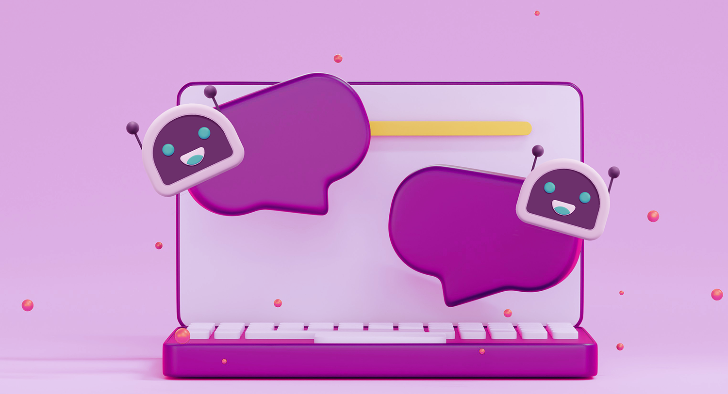 An illustration of AI bots on a laptop computer for our blog answering the question: Will ChatGPT take my marketing job?