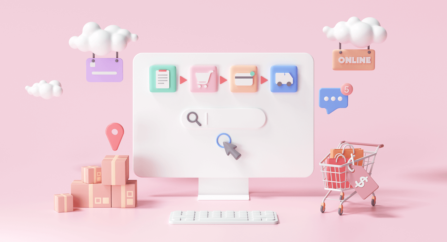 Icons of boxes a shopping cart surround a desktop computer in this blog about Black Friday, Small Business Saturday, Cyber Monday, and Giving Tuesday.