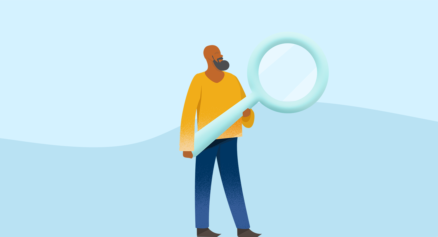 Das Bild zeigt einen Mann, der eine riesige Lupe in der Hand hält und symbolisiert die Suche nach alternativen Lösungen zur Plattform Agorapulse