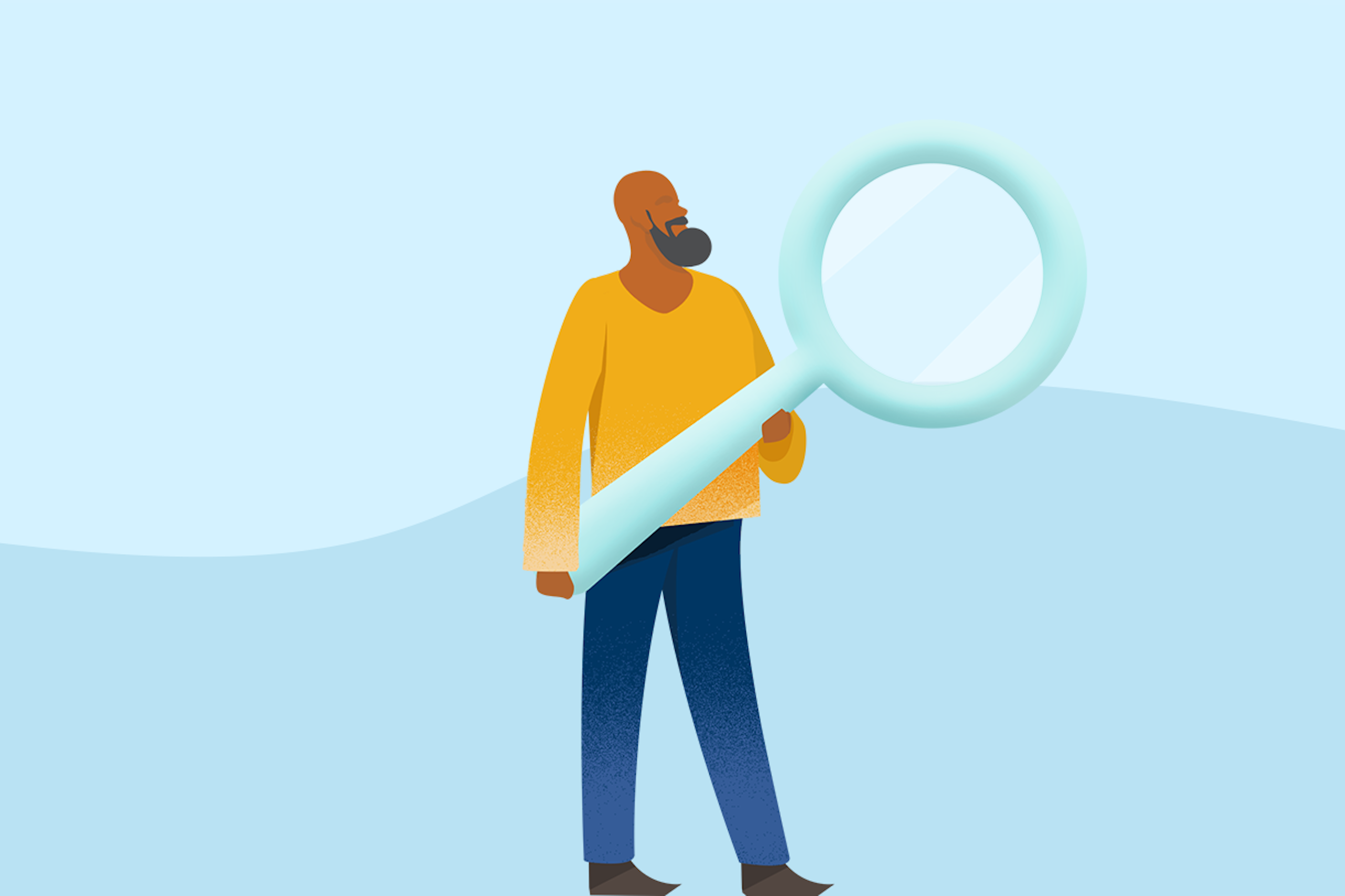 Das Bild zeigt einen Mann, der eine riesige Lupe in der Hand hält und symbolisiert die Suche nach alternativen Lösungen zur Plattform Agorapulse