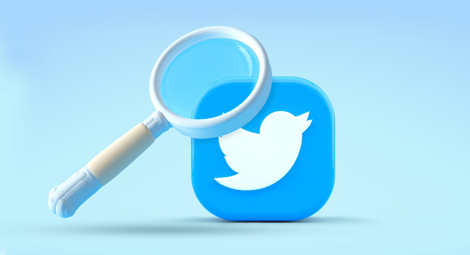 Image showing a large magnifying glass over a Twitter logo on a pale blue background. Twitter audit how-to blogs post.