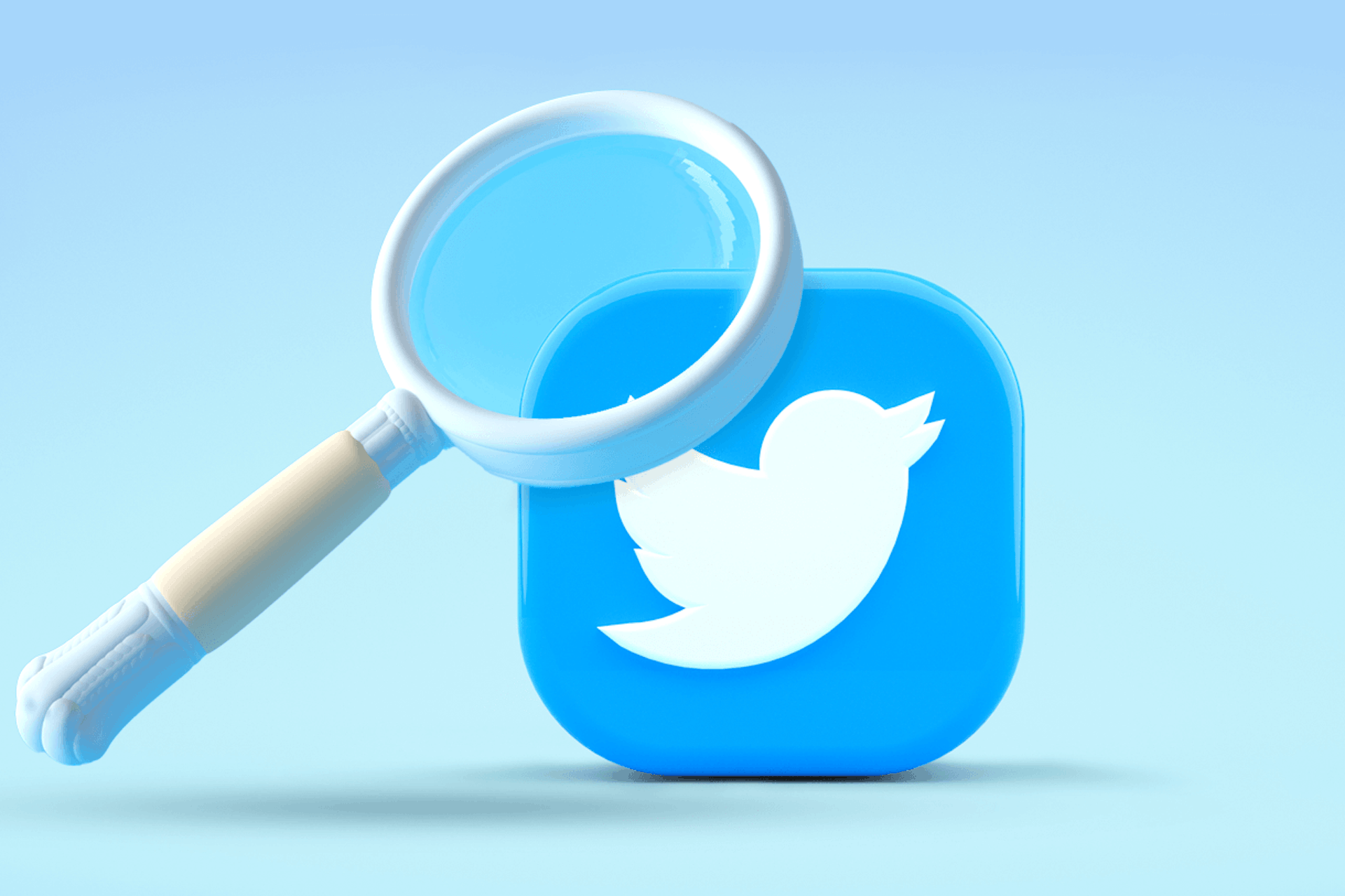 Image showing a large magnifying glass over a Twitter logo on a pale blue background. Twitter audit how-to blogs post.