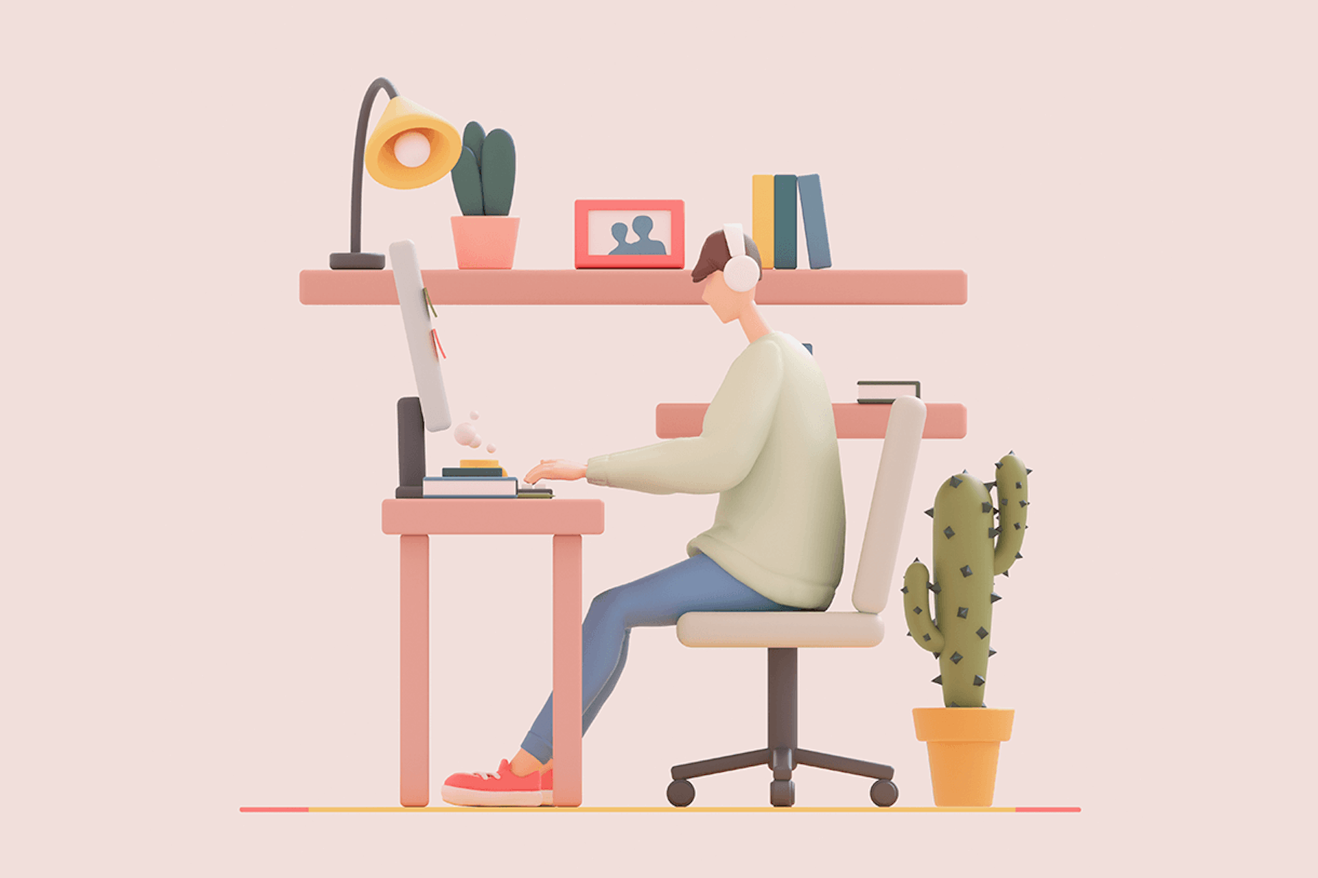 An illustration of a person at a desktop computer representing desk research.