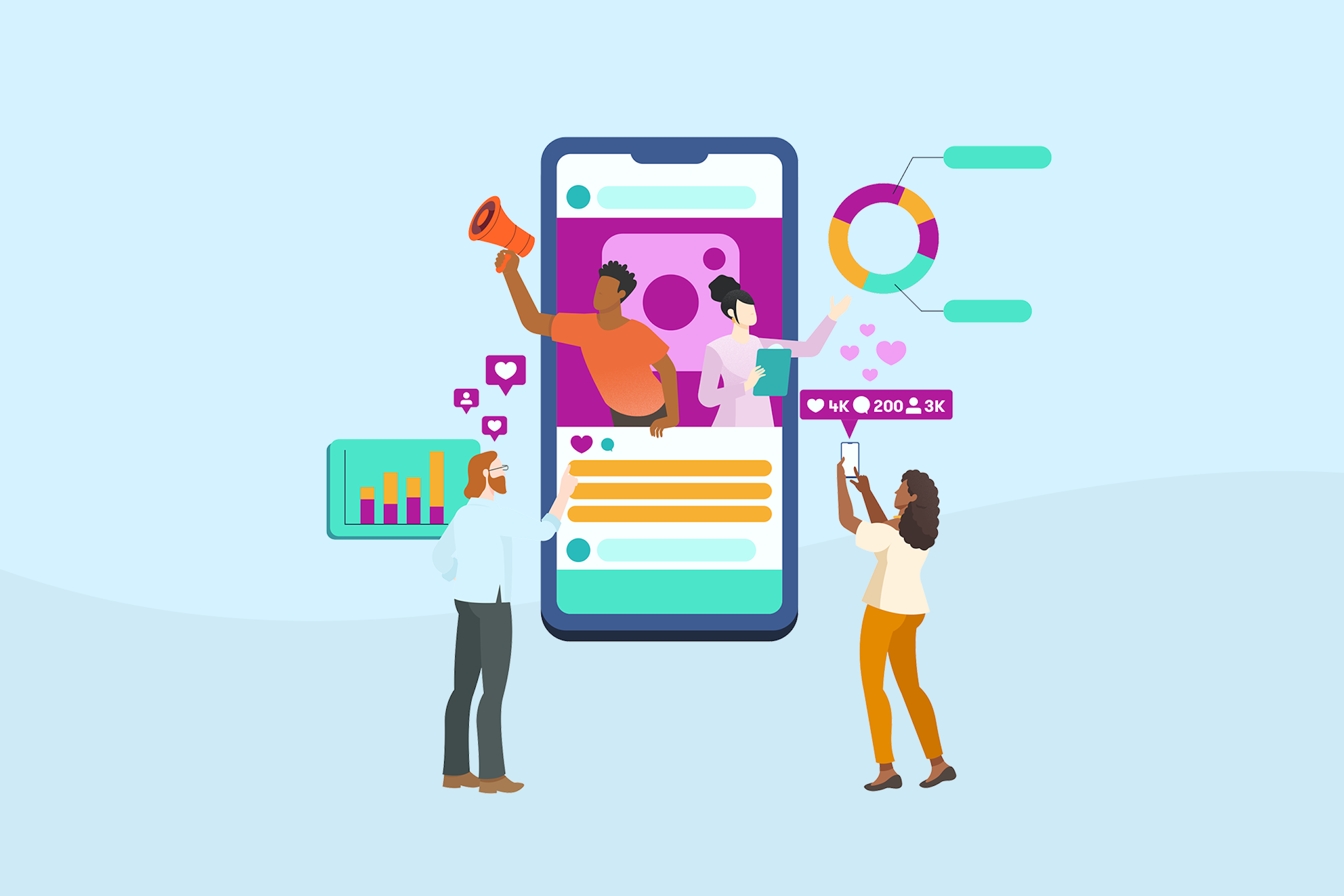 Illustration conceptuelle smartphone avec des personnages et des graphiques sur fond bleu