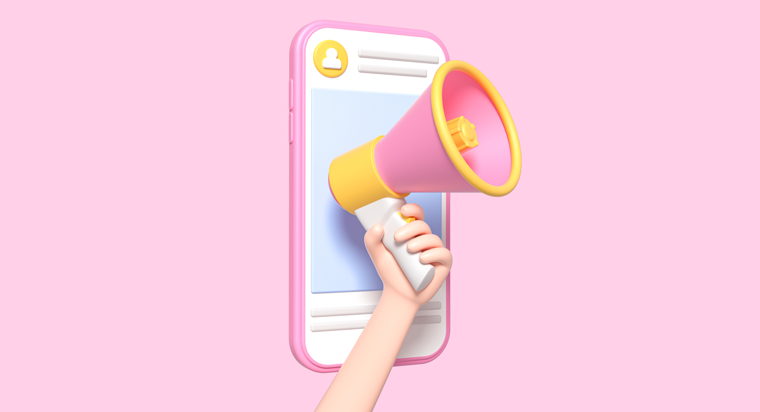 Illustration of a person holding a pink megaphone in front of a phone. Micro influencers help you amplify your message in cost-effective ways. Working with micro-influencers blog post.