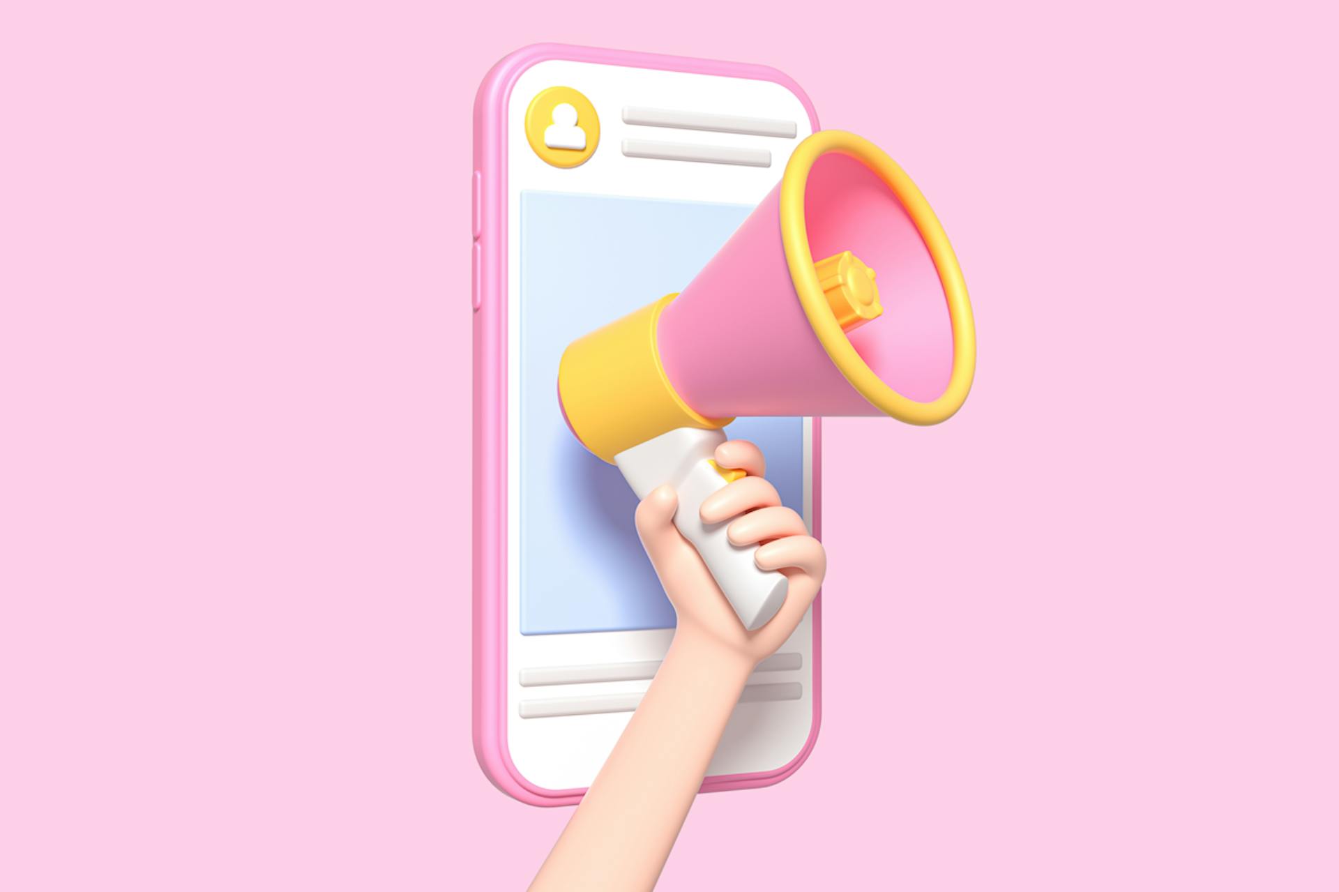Kuva henkilöstä, joka pitää vaaleanpunaista megafonia puhelimen edessä. Työskentely mikrovaikuttajien kanssa -blogipostaus
