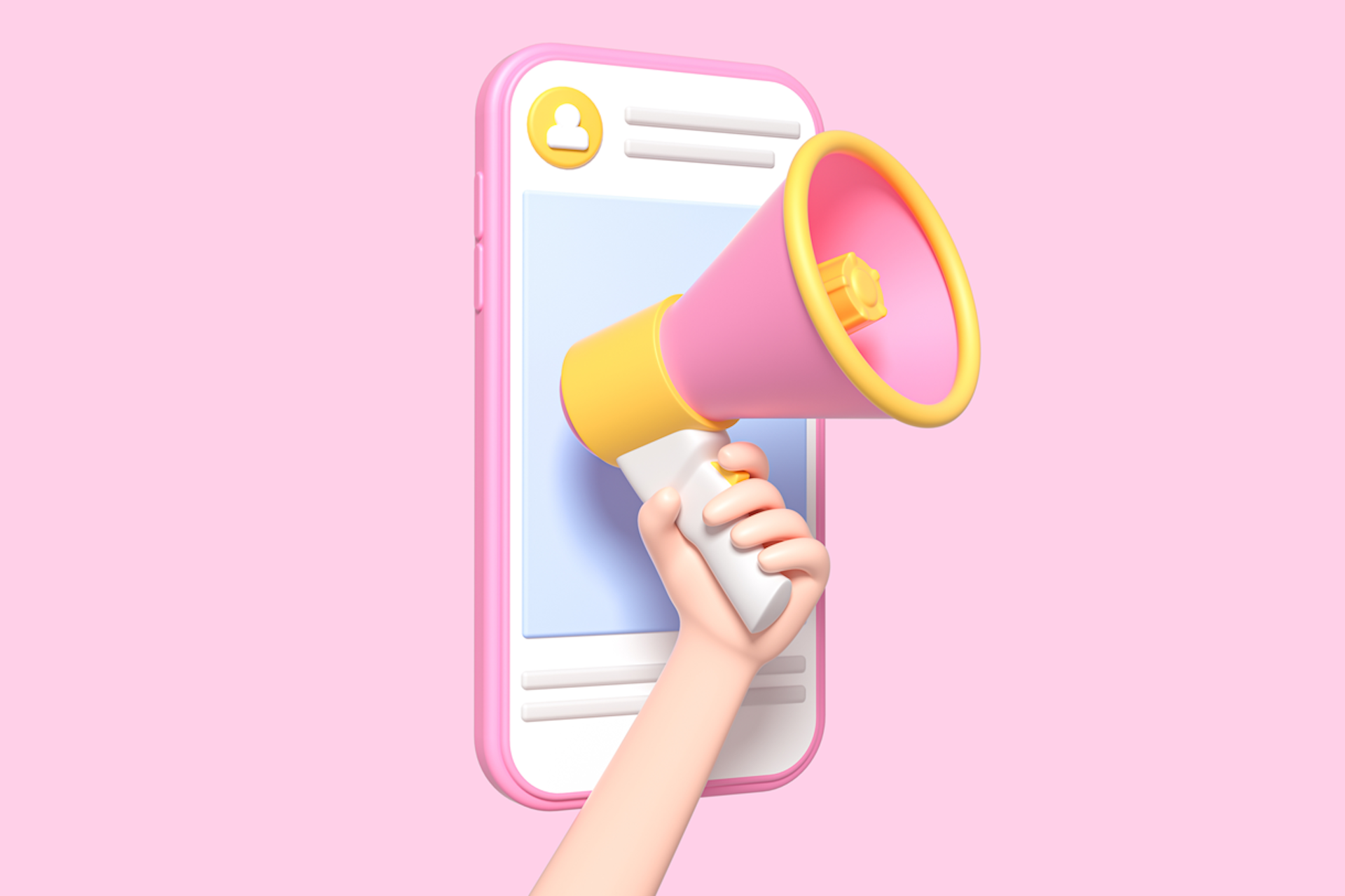 Illustration of a person holding a pink megaphone in front of a phone. Micro influencers help you amplify your message in cost-effective ways. Working with micro-influencers blog post.