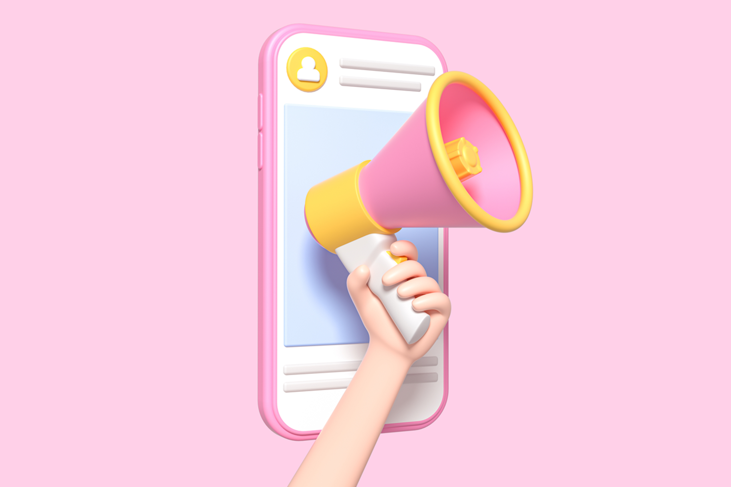 Illustration einer Person, die ein rosa Megaphon vor ein Telefon hält. Mikro-Influencer helfen Ihnen, Ihre Botschaft auf kosteneffiziente Weise zu verbreiten. Blogbeitrag über die Arbeit mit Mikro-Influencern.